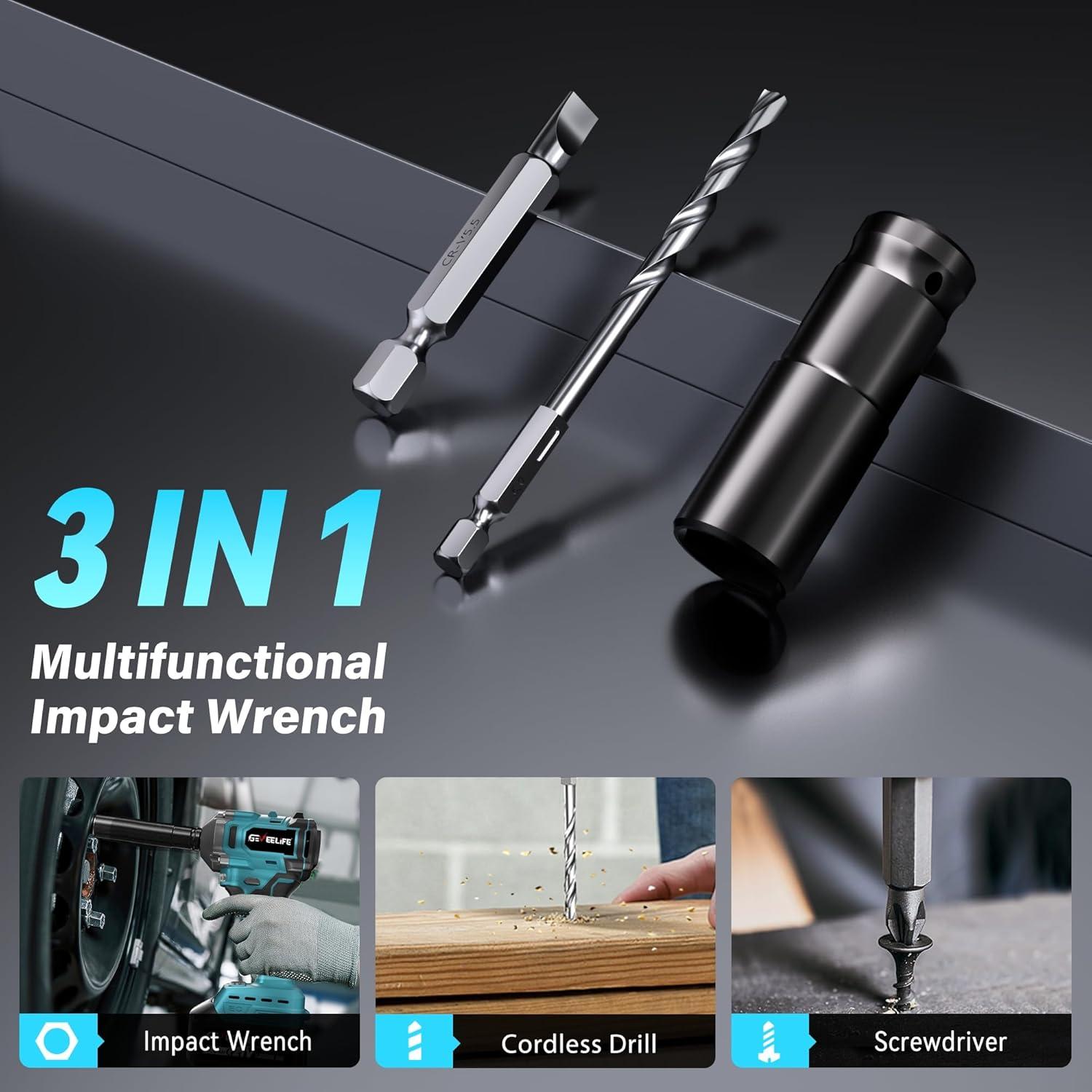 Llave de Impacto Sin Cable GEVEELIFE 450N.m 1/2" 4.0Ah