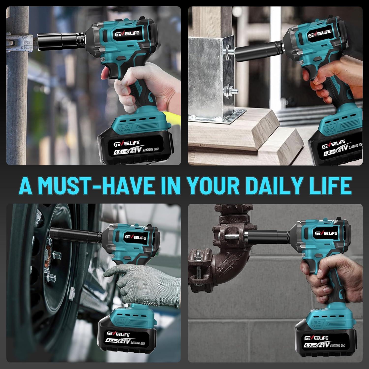 Llave de Impacto Sin Cable GEVEELIFE 450N.m 1/2" 4.0Ah