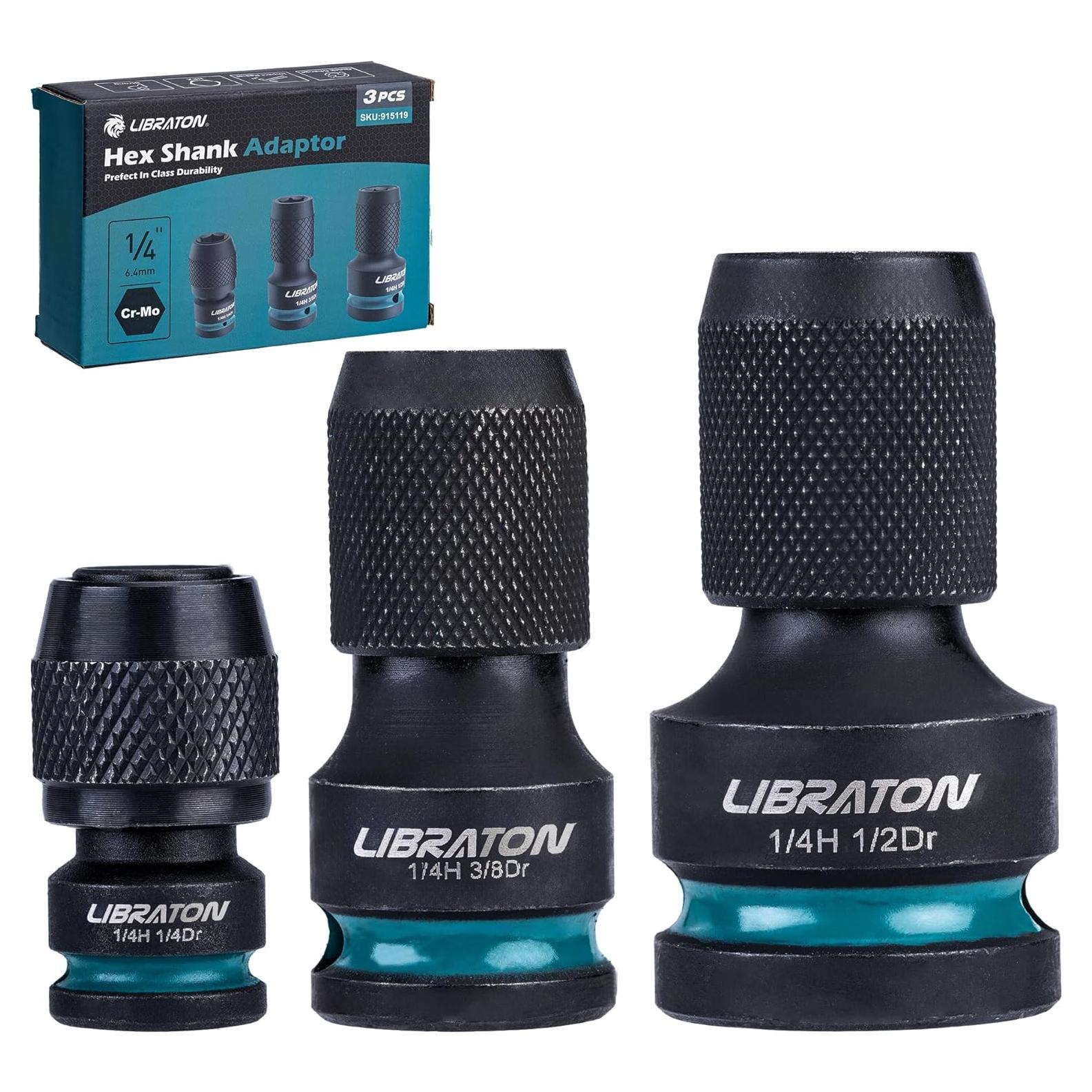 Adaptador Hexagonal 1/4 LIBRATON - 3 Piezas Cuadrado 1/2, 3/8