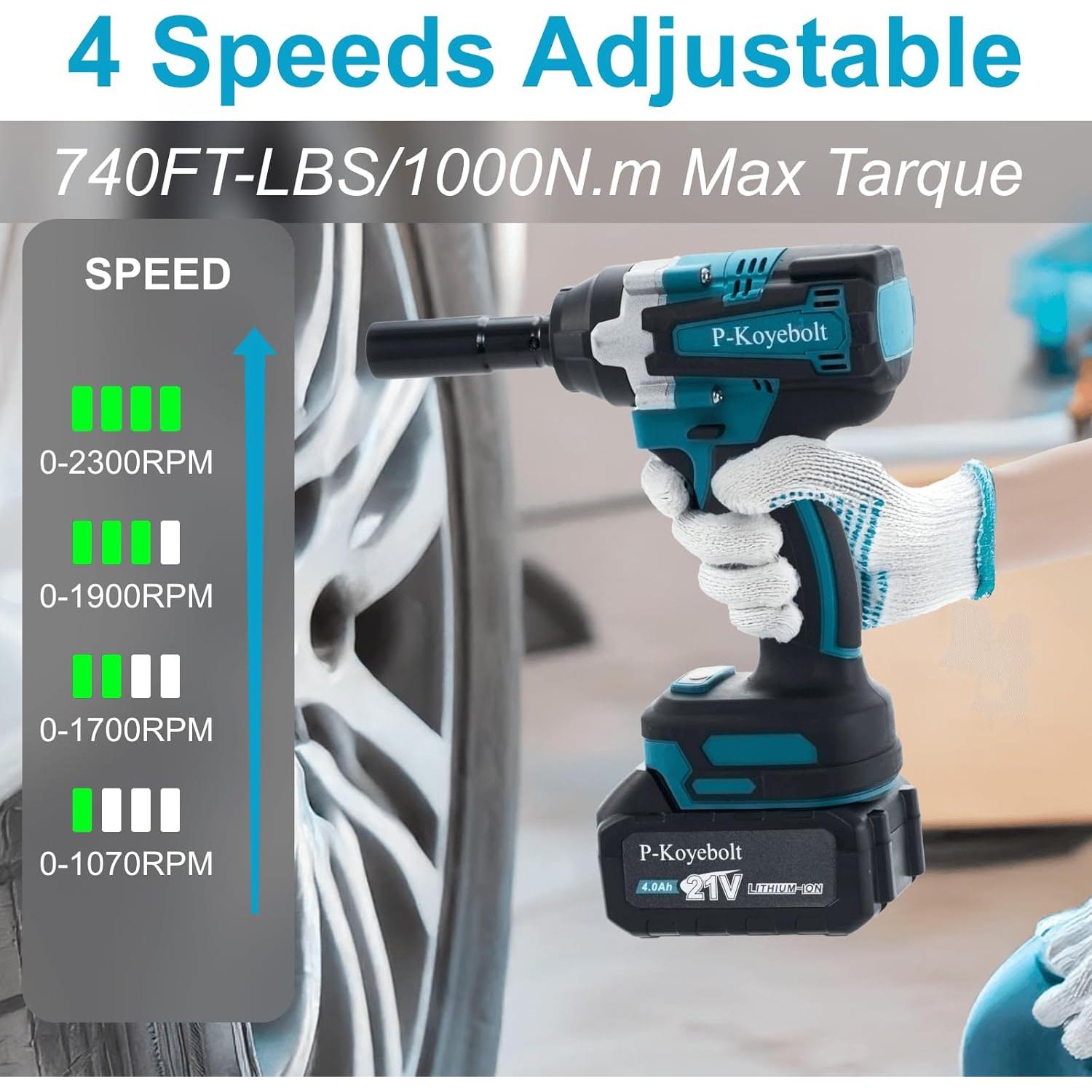 Llave de Impacto Inalámbrica P-Koyebolt 1000N.m 4 Modos 30 Piezas