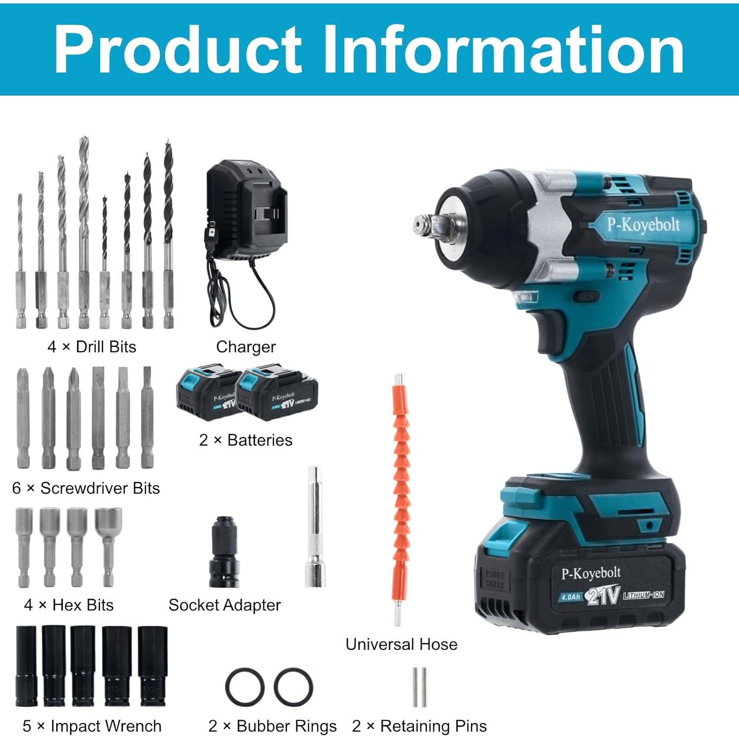Llave de Impacto Inalámbrica P-Koyebolt 1000N.m 4 Modos 30 Piezas