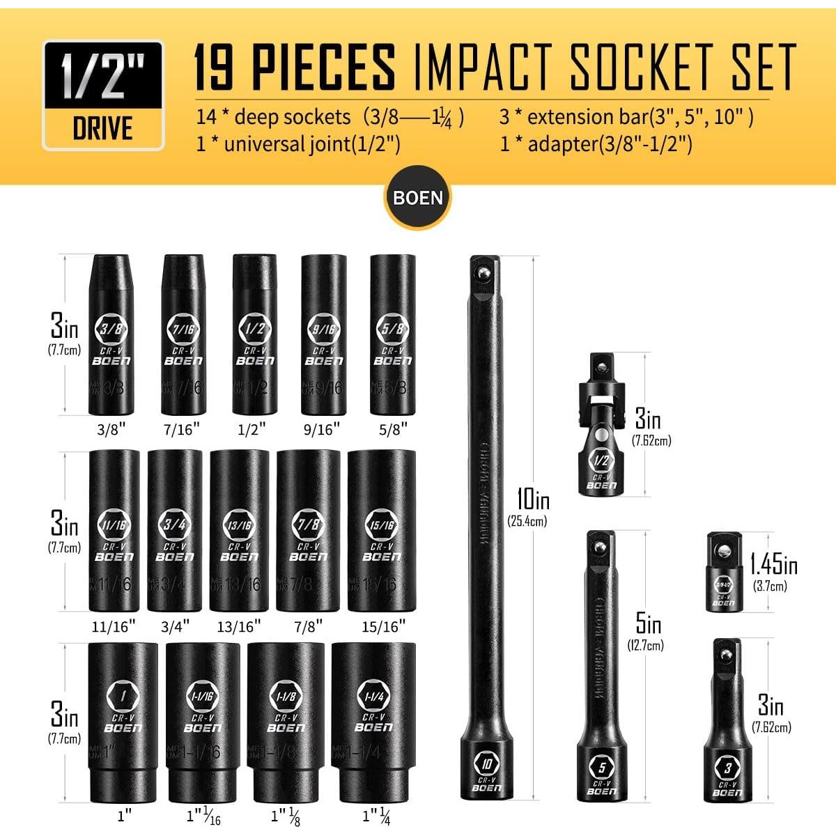 Juego de 19 Piezas de Enchufes de Impacto BOEN 1/2" SAE