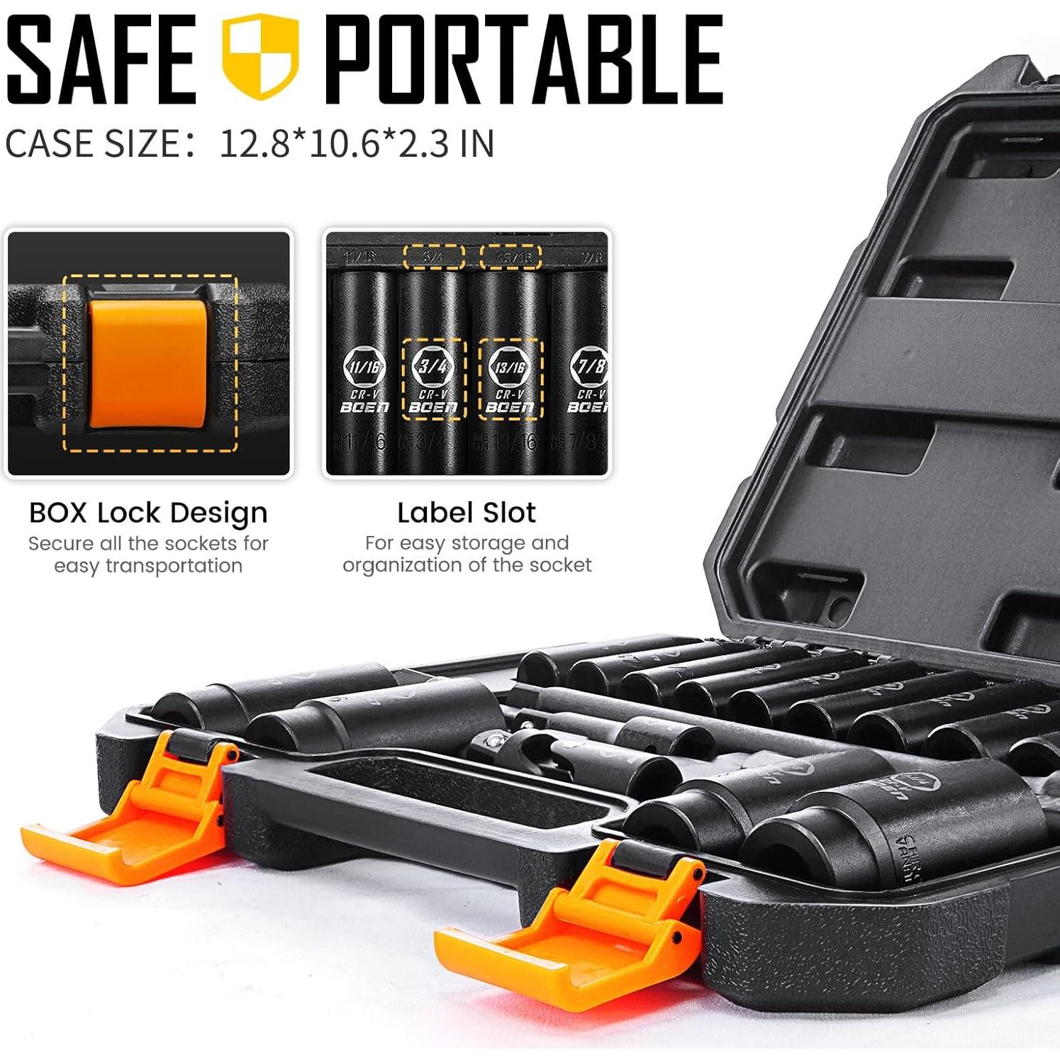 Juego de 19 Piezas de Enchufes de Impacto BOEN 1/2" SAE