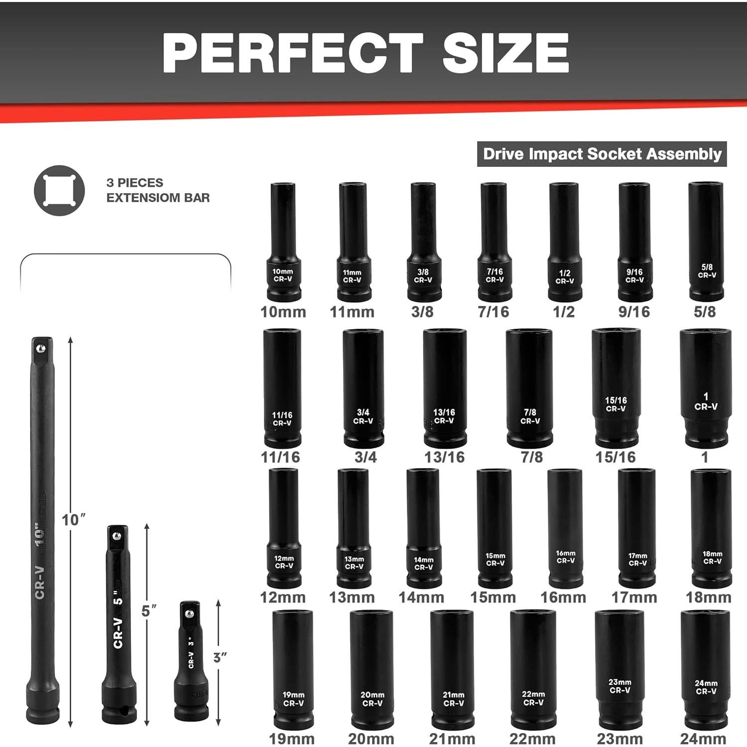 Juego de Enchufes de Impacto Profundo EACELIY 29 Pcs 1/2"