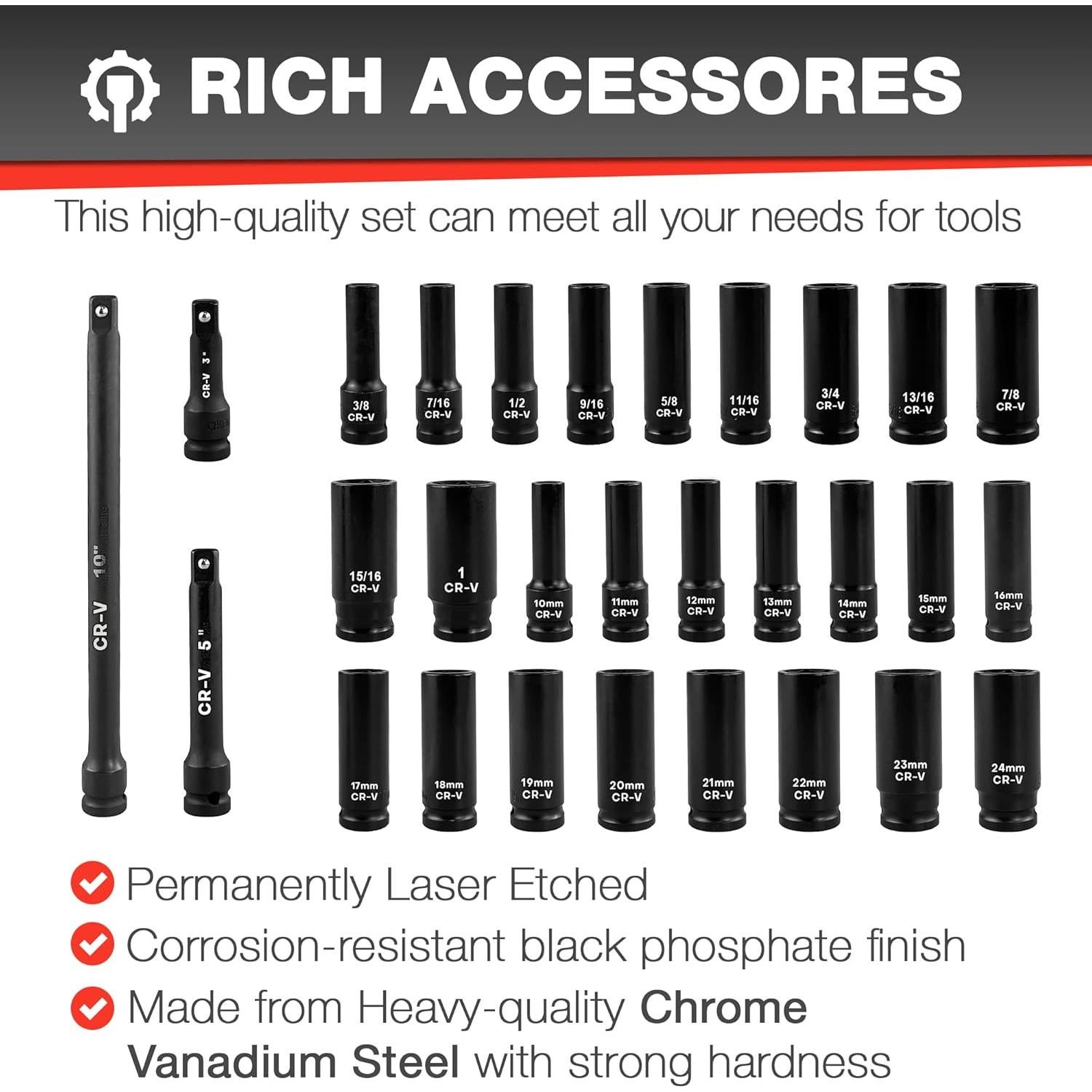 Juego de Enchufes de Impacto Profundo EACELIY 29 Pcs 1/2"