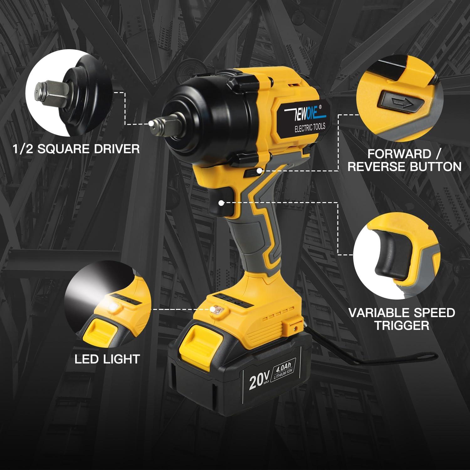 Llave de Impacto Eléctrica NEWONE 20V 1200N.m 1/2" con Batería 4.0Ah