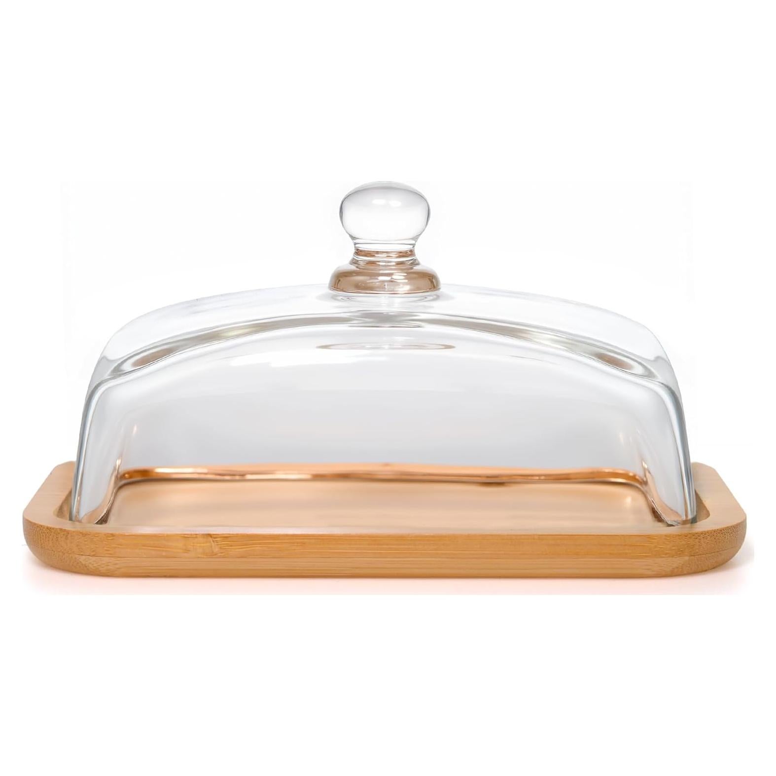 Plato de Mantequilla de Vidrio MKLZ con Tapa de Bambú 18.29x12.78cm