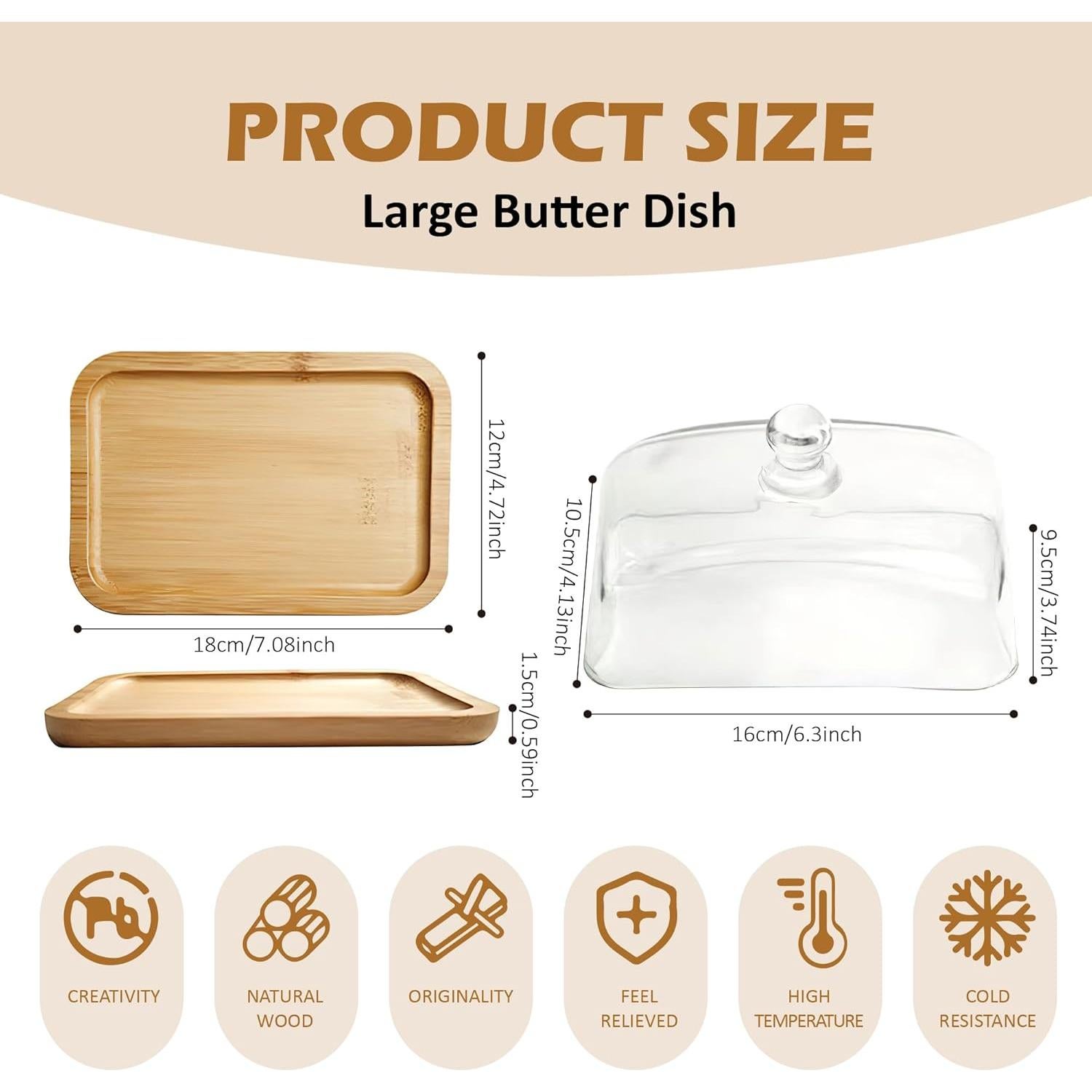 Plato de Mantequilla de Vidrio MKLZ con Tapa de Bambú 18.29x12.78cm