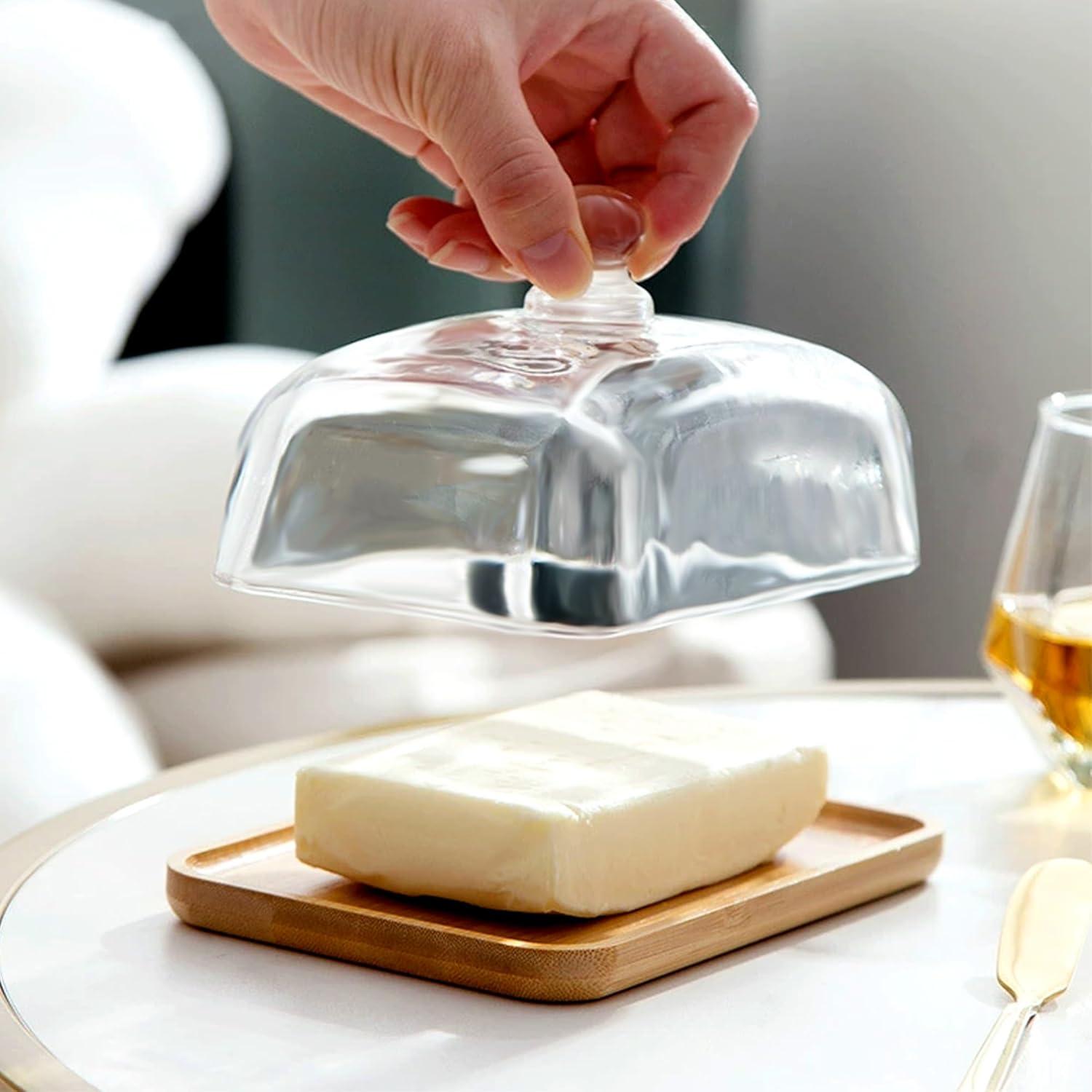 Plato de Mantequilla de Vidrio MKLZ con Tapa de Bambú 18.29x12.78cm