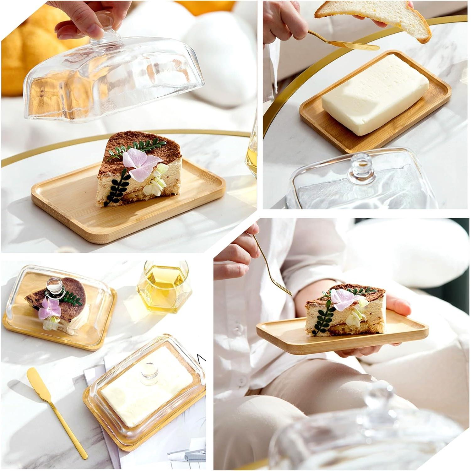Plato de Mantequilla de Vidrio MKLZ con Tapa de Bambú 18.29x12.78cm