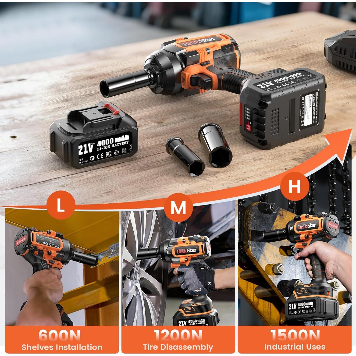 Llave de impacto inalámbrica TaskStar 1500 Nm con 2 baterías