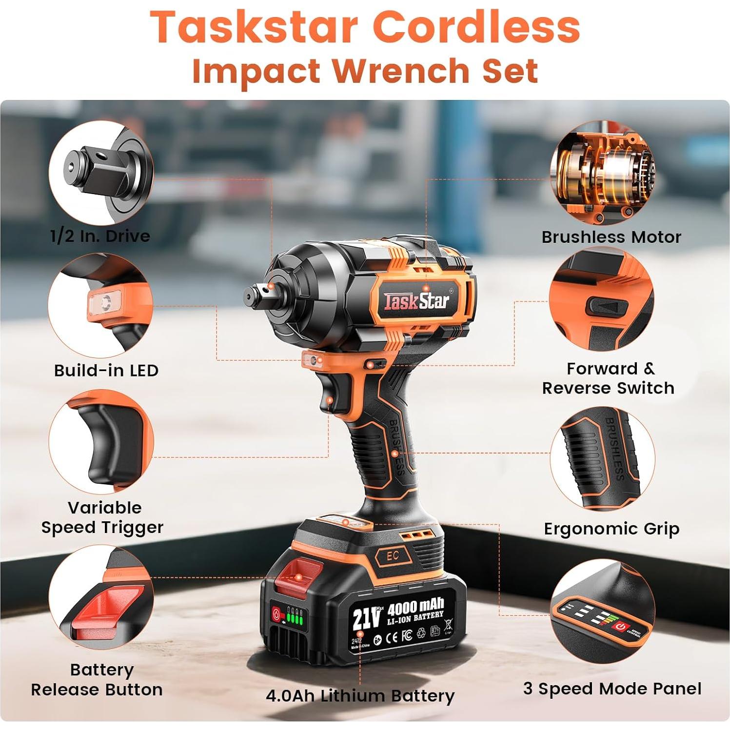 Llave de impacto inalámbrica TaskStar 1500 Nm con 2 baterías