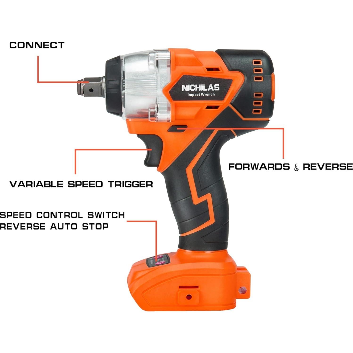 Llave de Impacto Inalámbrica Nichilas 20V 420Nm Motor Sin Escobillas