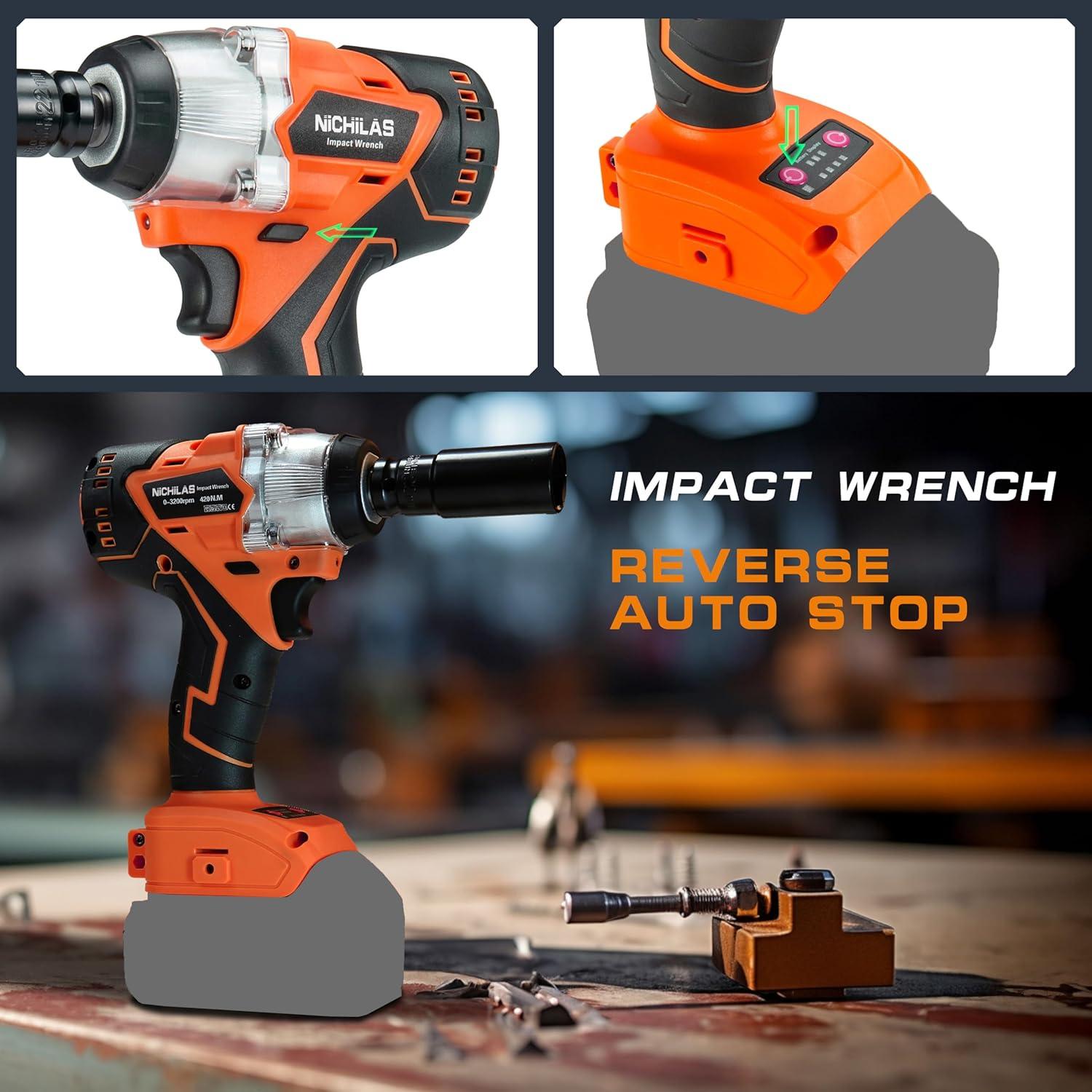 Llave de Impacto Inalámbrica Nichilas 20V 420Nm Motor Sin Escobillas