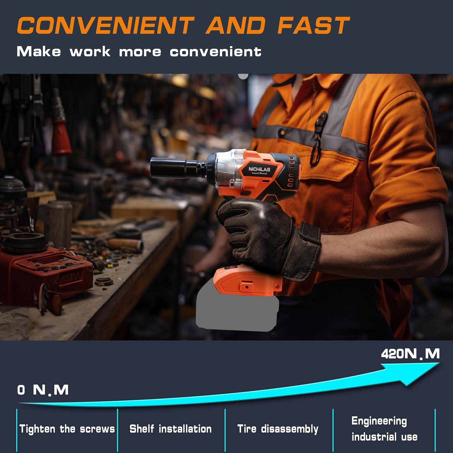 Llave de Impacto Inalámbrica Nichilas 20V 420Nm Motor Sin Escobillas