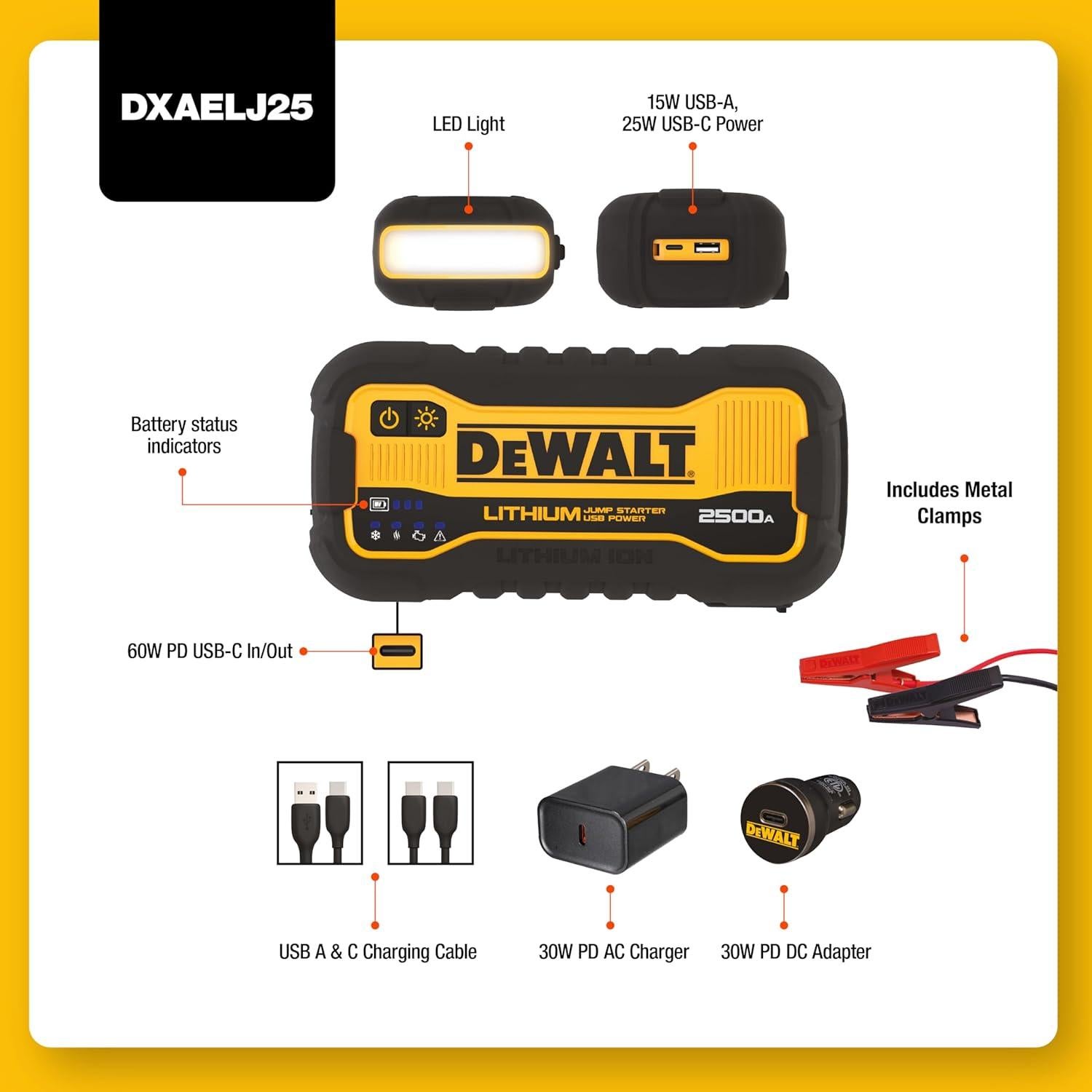 Arrancador Portátil DEWALT DXAELJ25 2500 Amperios Pico USB