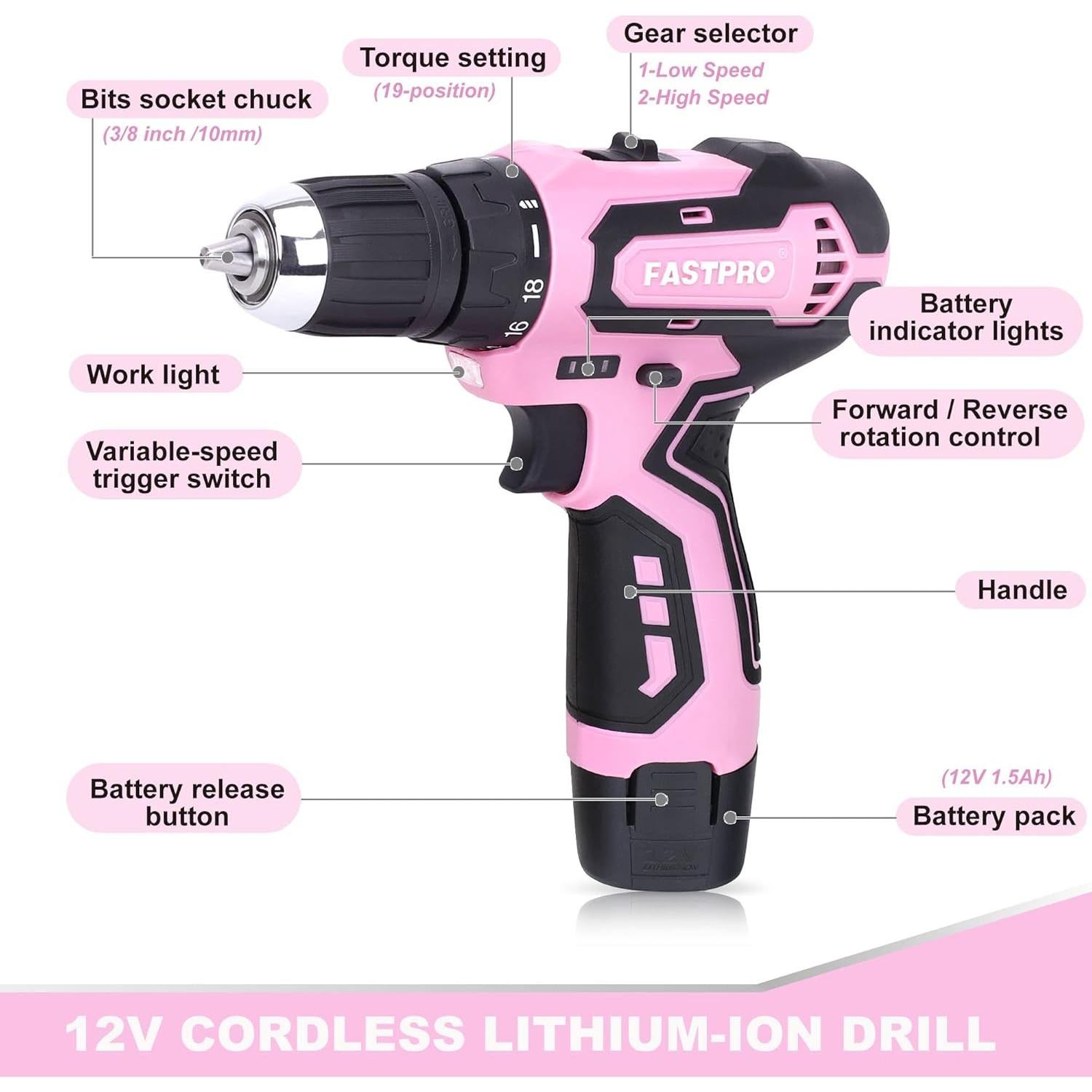 Juego de Taladro Rosa 12V FASTPRO 175 Piezas con Bolsa 30.48 cm