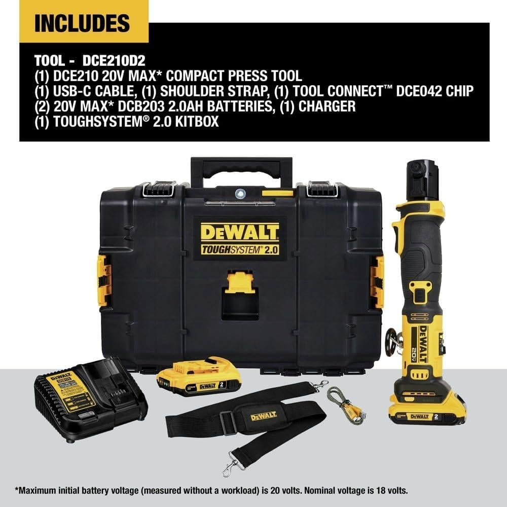 Herramienta de Prensa Compacta DEWALT 20V MAX DCE210D2 con 2 Baterías