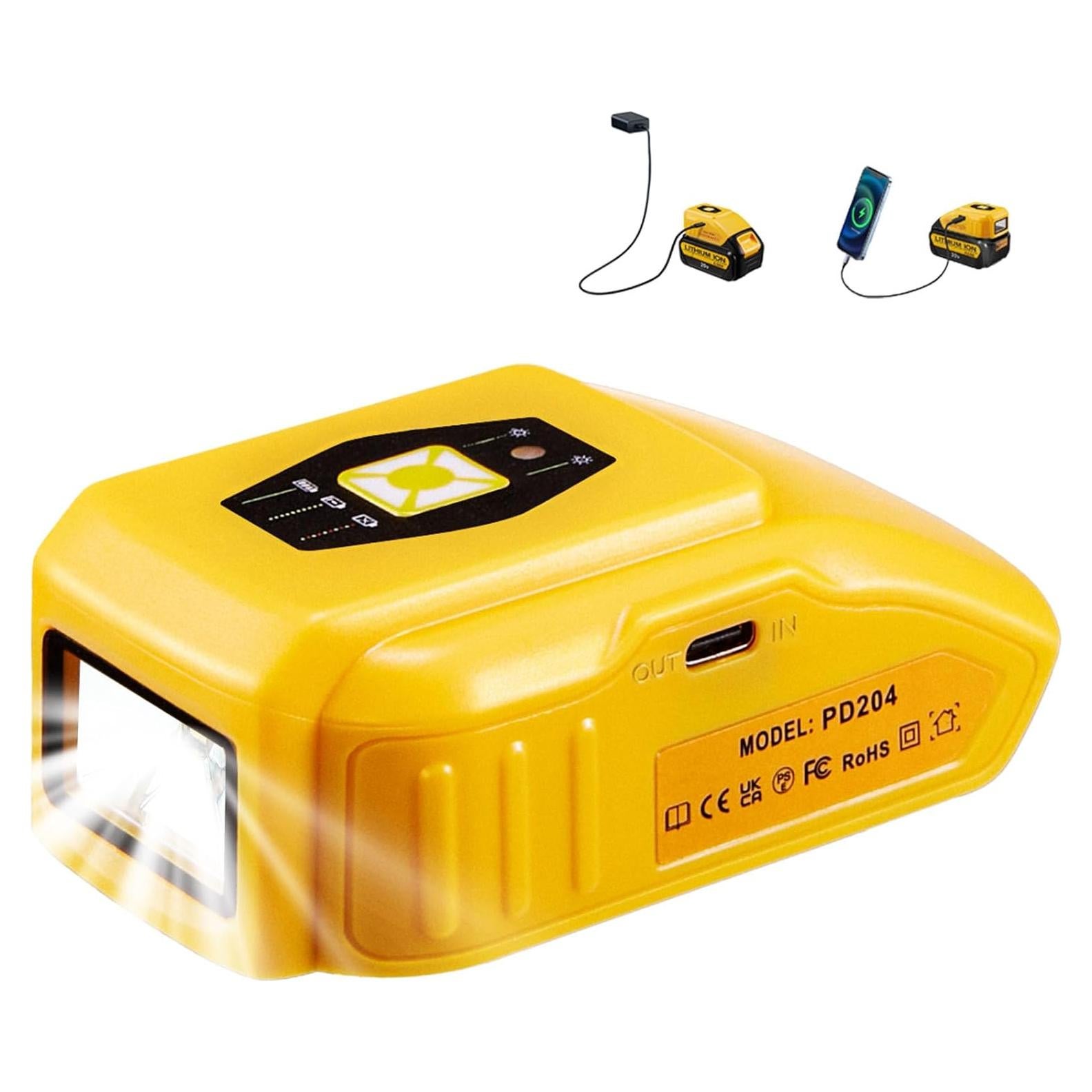 Cargador USB Portátil Dewalt 20V con Luz LED y Tipo-C