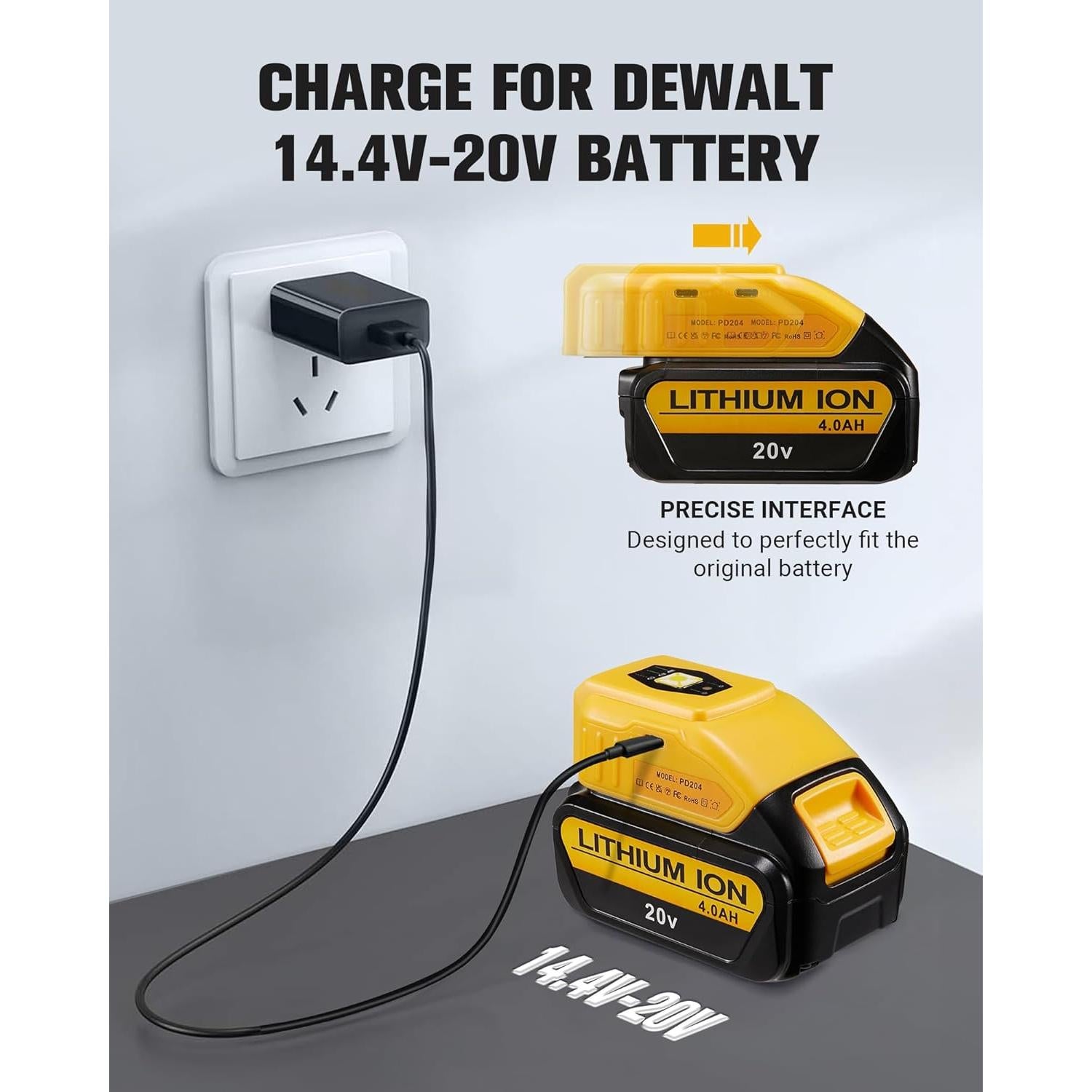 Cargador USB Portátil Dewalt 20V con Luz LED y Tipo-C