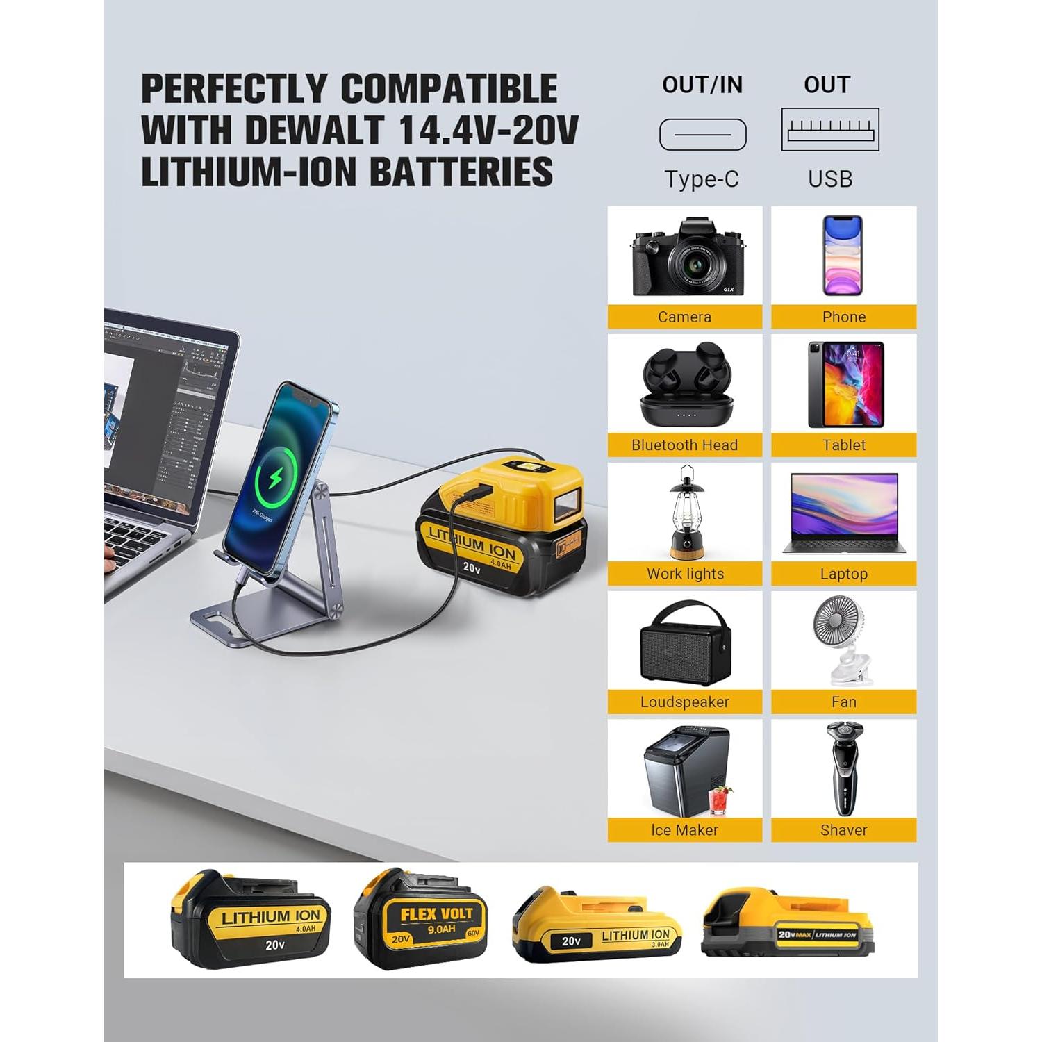 Cargador USB Portátil Dewalt 20V con Luz LED y Tipo-C