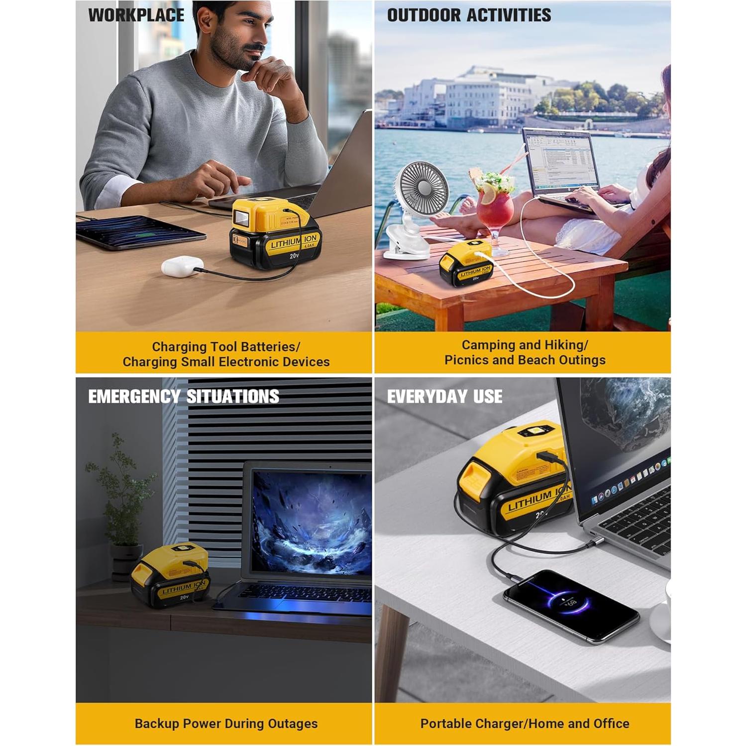 Cargador USB Portátil Dewalt 20V con Luz LED y Tipo-C