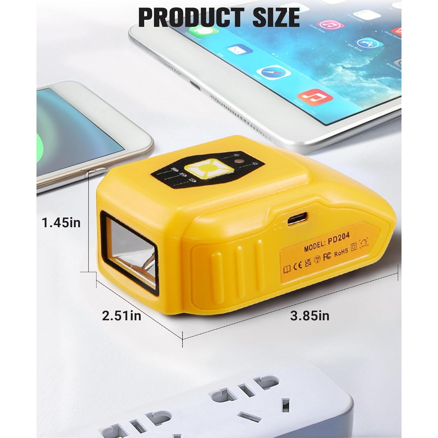 Cargador USB Portátil Dewalt 20V con Luz LED y Tipo-C