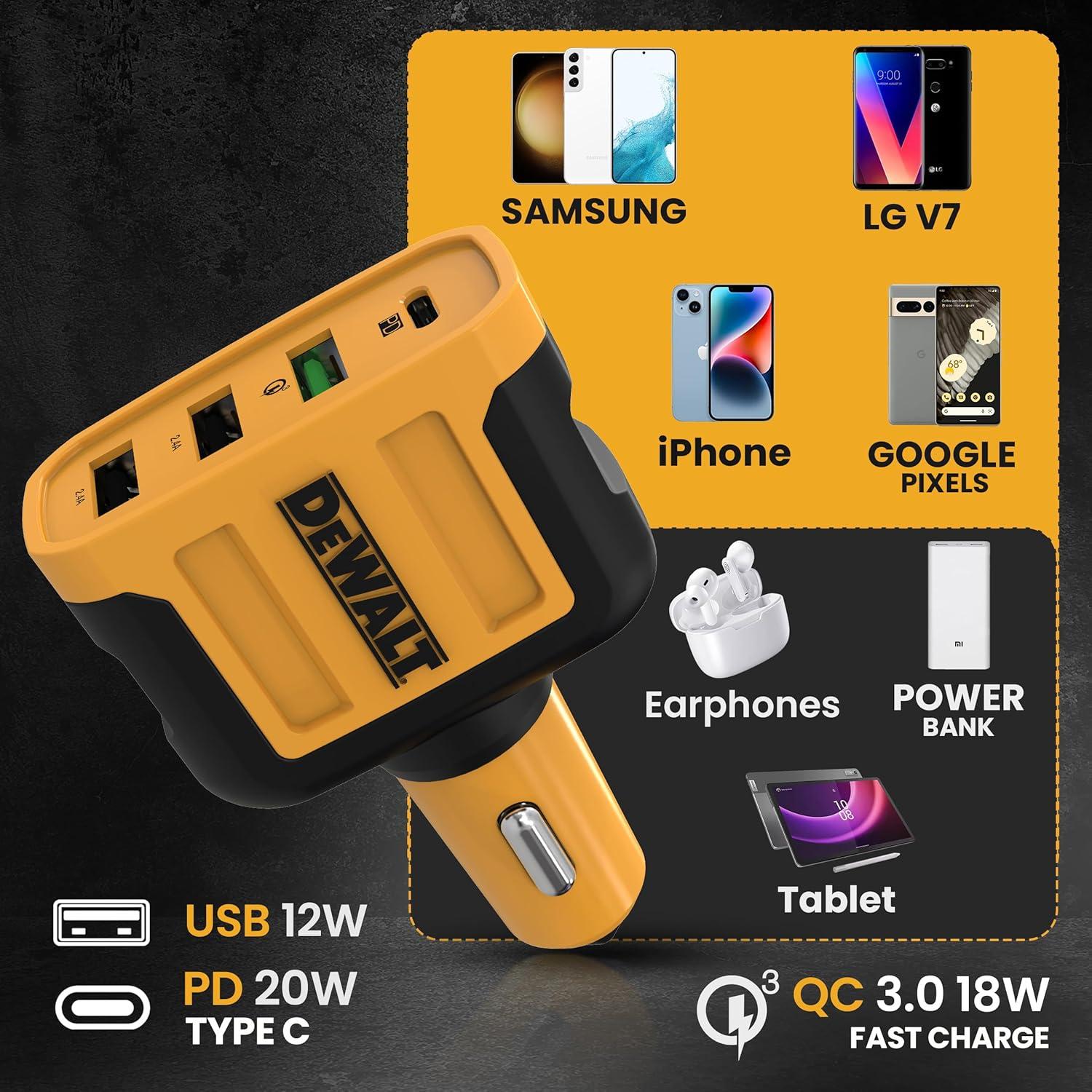Cargador de coche USB C DEWALT 4 puertos 60W rápido