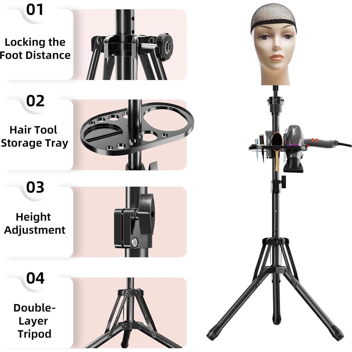 Soporte de Peluca Tripode Reforzado EBLIKI Ajustable 31-57 cm