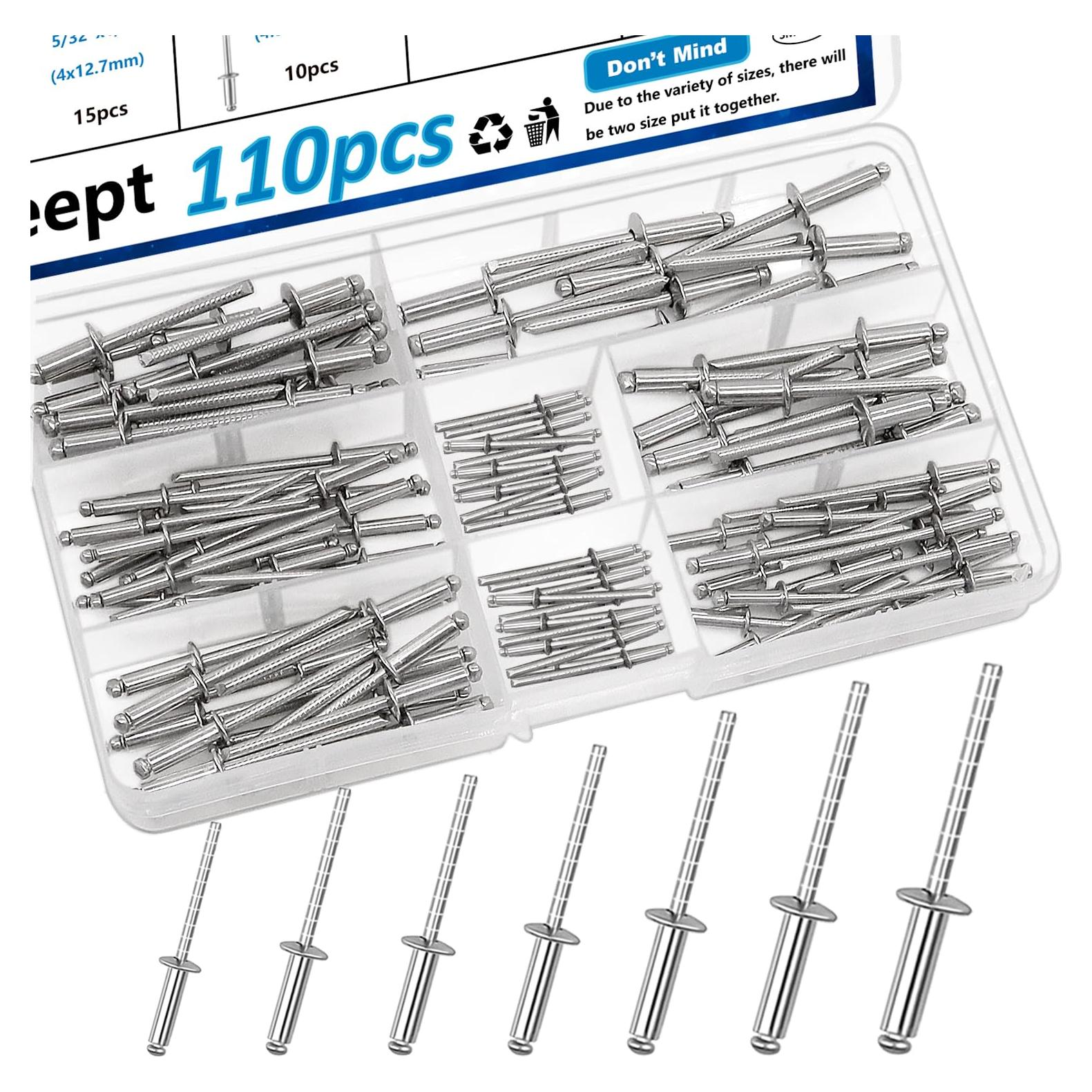 Kit de Remaches de Acero Inoxidable 304 - 110 Piezas 7 Tamaños