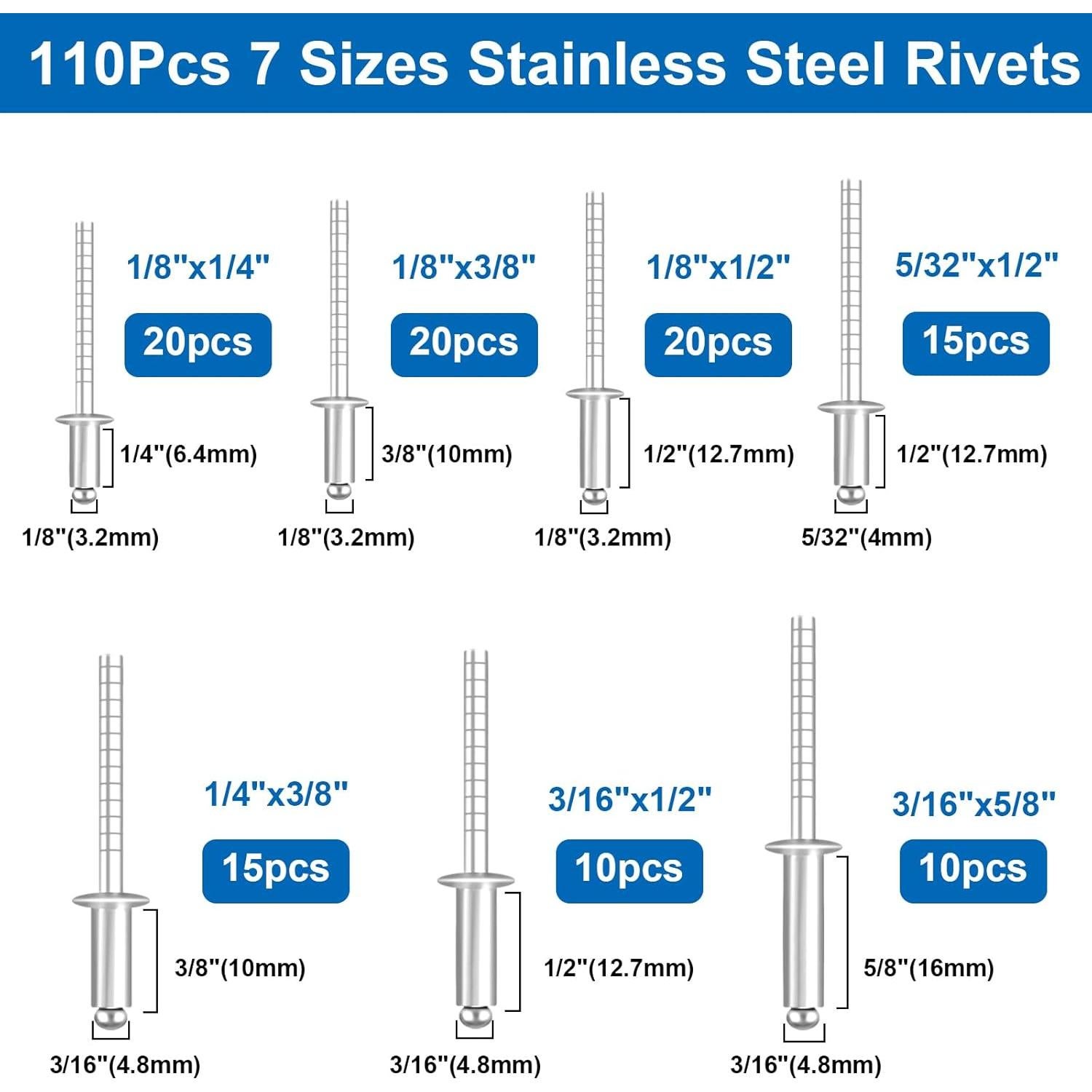 Kit de Remaches de Acero Inoxidable 304 - 110 Piezas 7 Tamaños