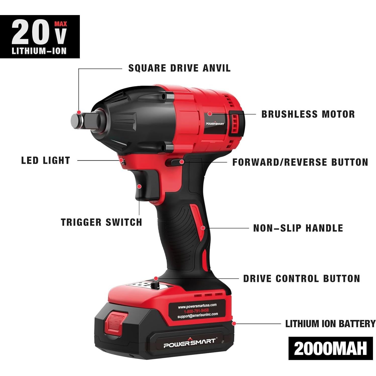 Destornillador de impacto inalámbrico PowerSmart 20V 2.0Ah 265 lb-ft