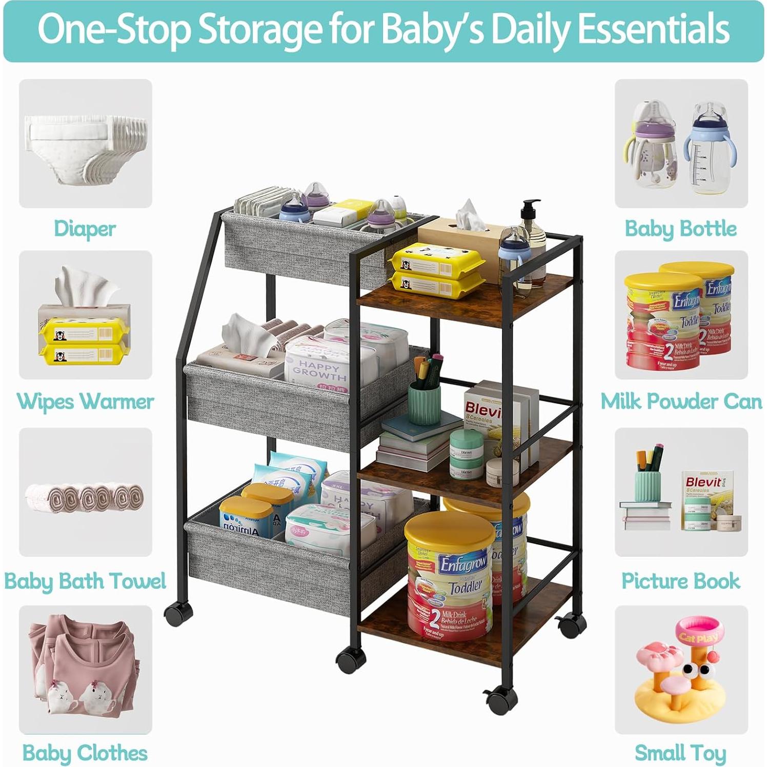 Carro Organizador de Pañales Marbyraz 3 Niveles Móvil Gris