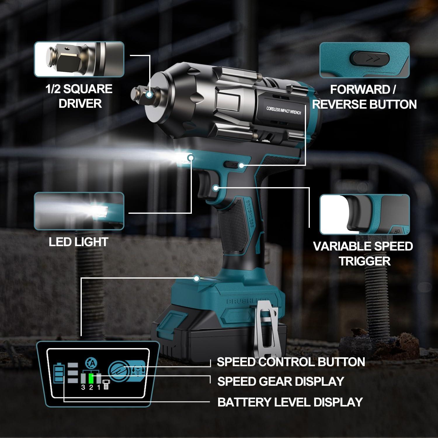 Llave de Impacto Inalámbrica YEARTOP 18V 1/2" 1200 N.m LED