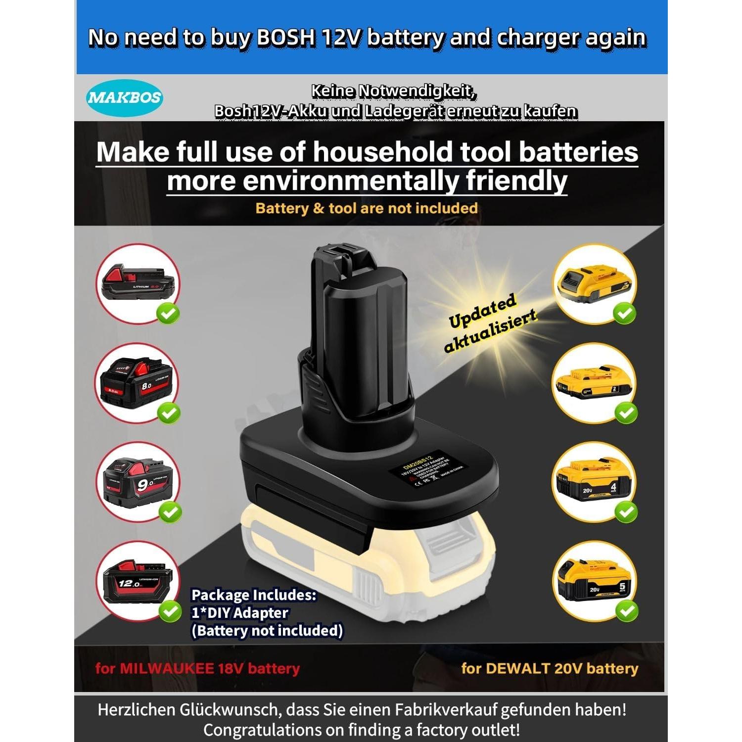 Adaptador de Batería Inalámbrica Bosch 12V Compatible Milwaukee 18V