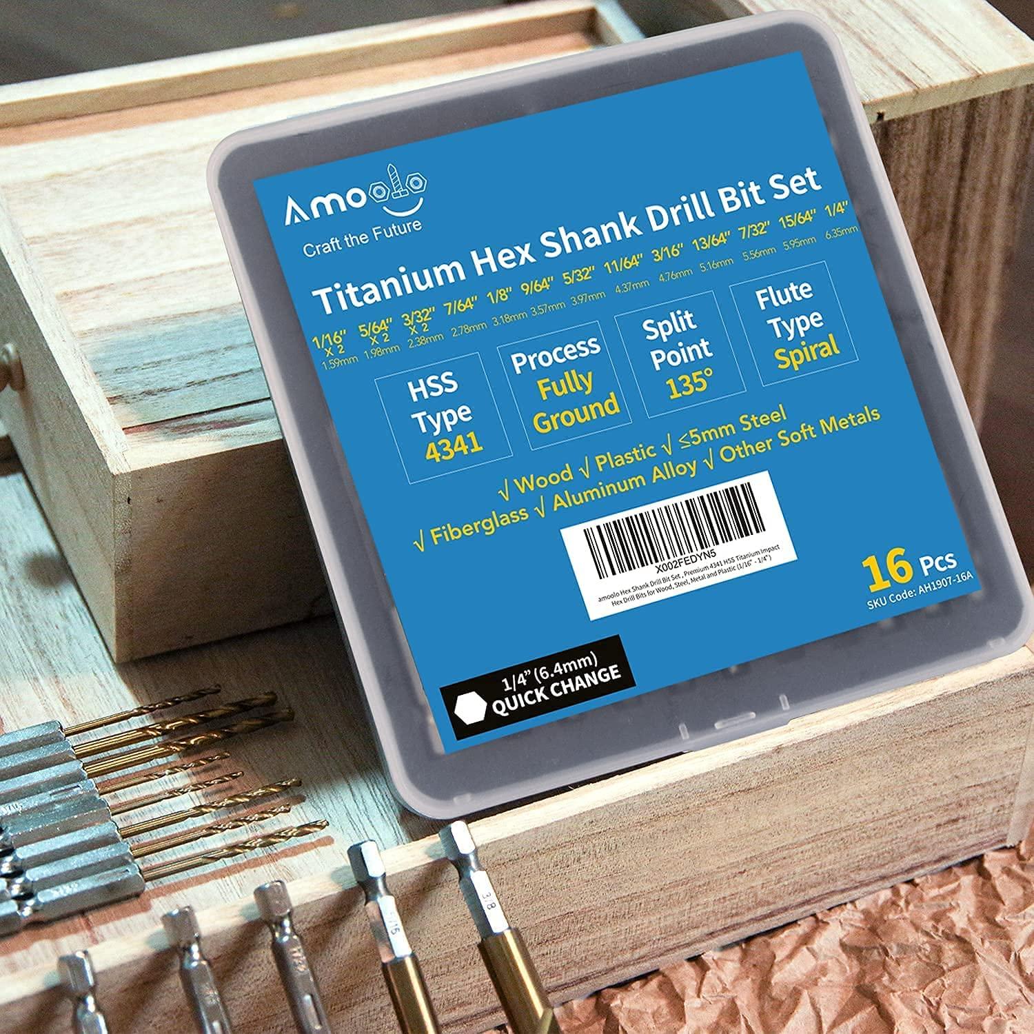 Juego de Brocas Hexagonales Amoolo 16 Piezas Titanio HSS