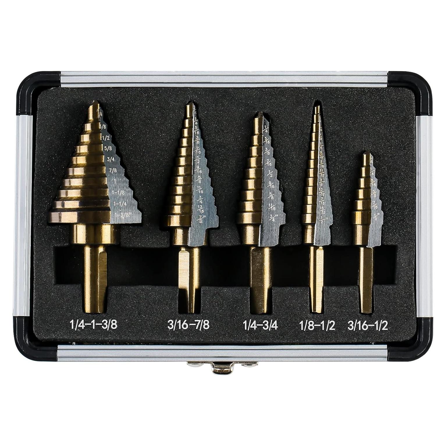 Juego de 5 Brocas Escalonadas HSS Titanio IRONANT 50 Tamaños