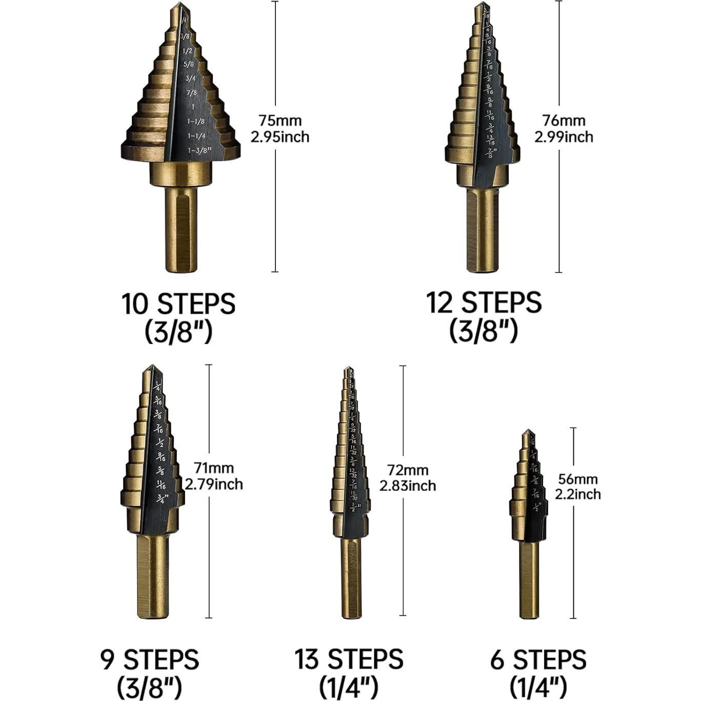 Juego de 5 Brocas Escalonadas HSS Titanio IRONANT 50 Tamaños