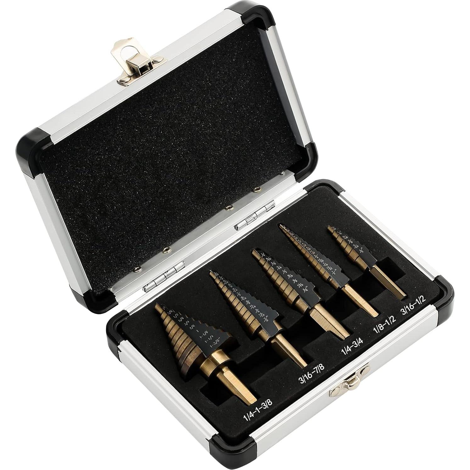 Juego de 5 Brocas Escalonadas HSS Titanio IRONANT 50 Tamaños