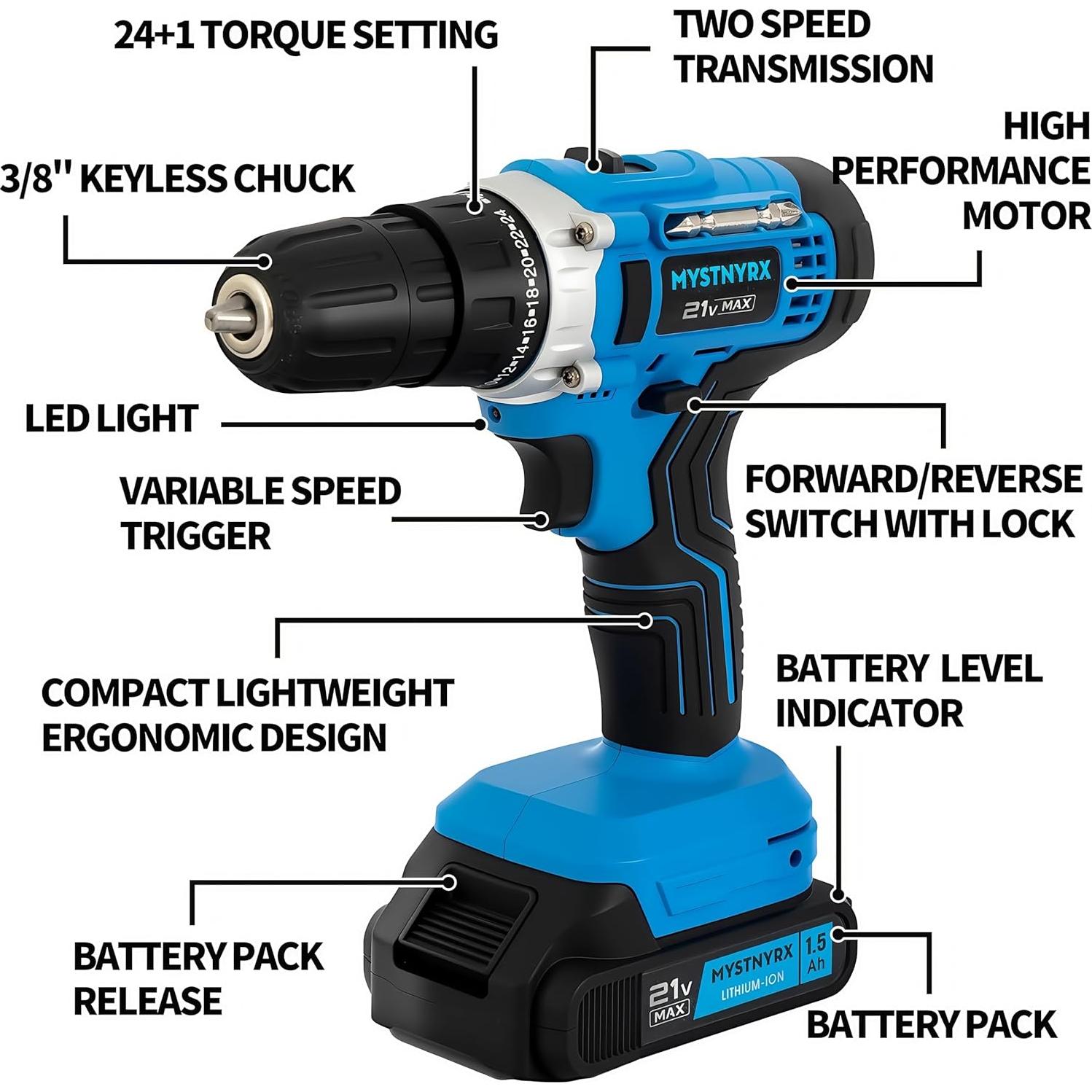 Taladro Inalámbrico MYSTNYRX 21V con 2 Baterías y Cargador