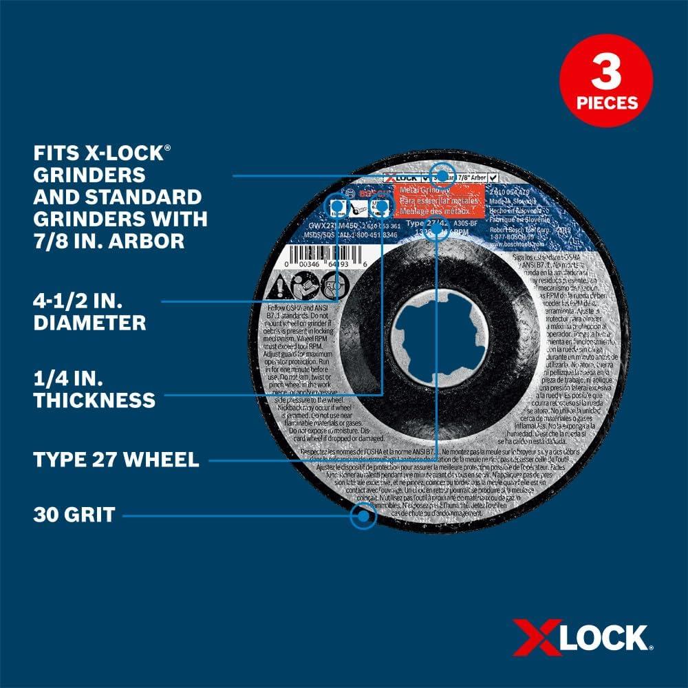 Ruedas de Esmerilado de Metal Bosch X-LOCK 4.5" - Paquete de 3