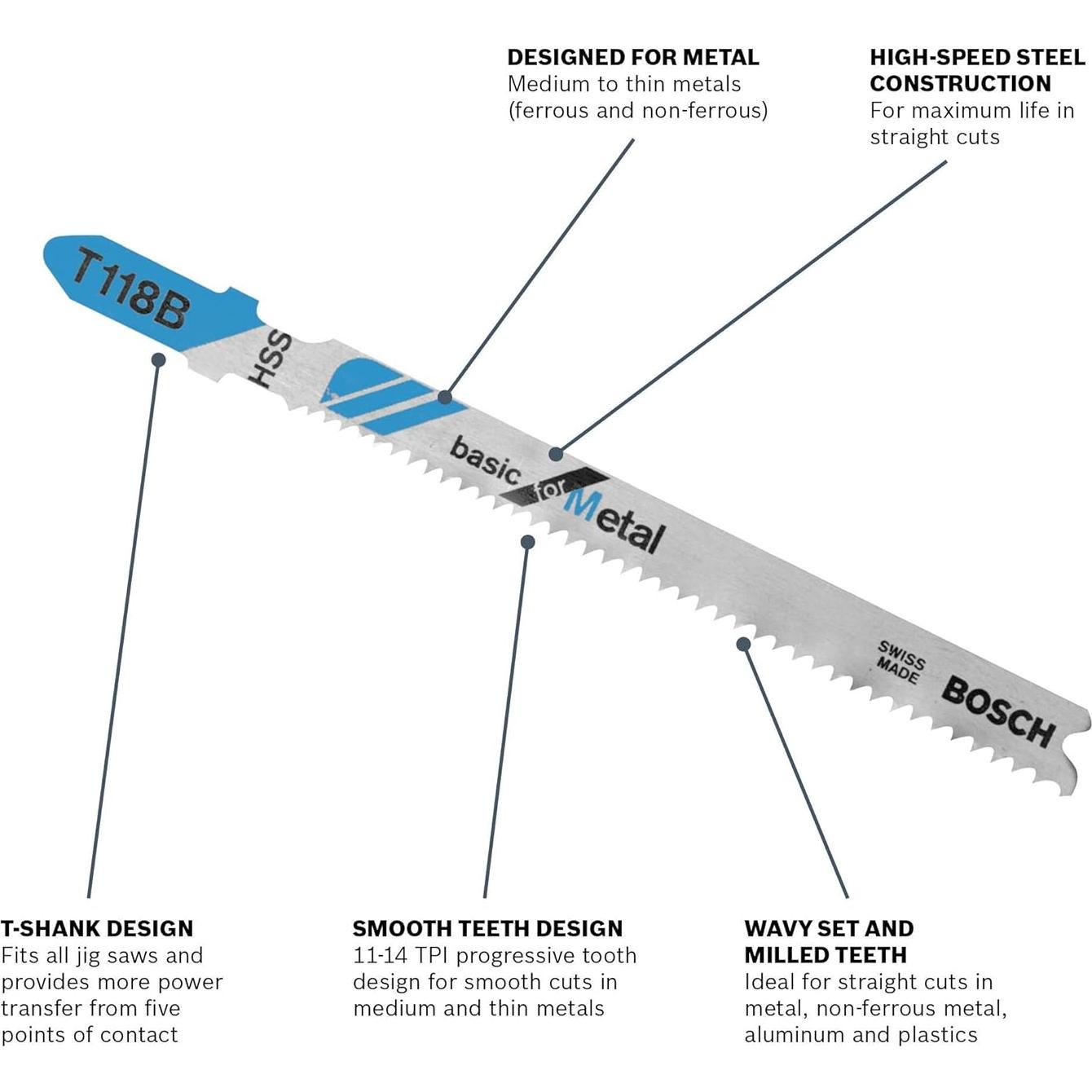 Hojas de Sierra de Calar Bosch T118B 9.21 cm 11-14 TPI - 5 Piezas
