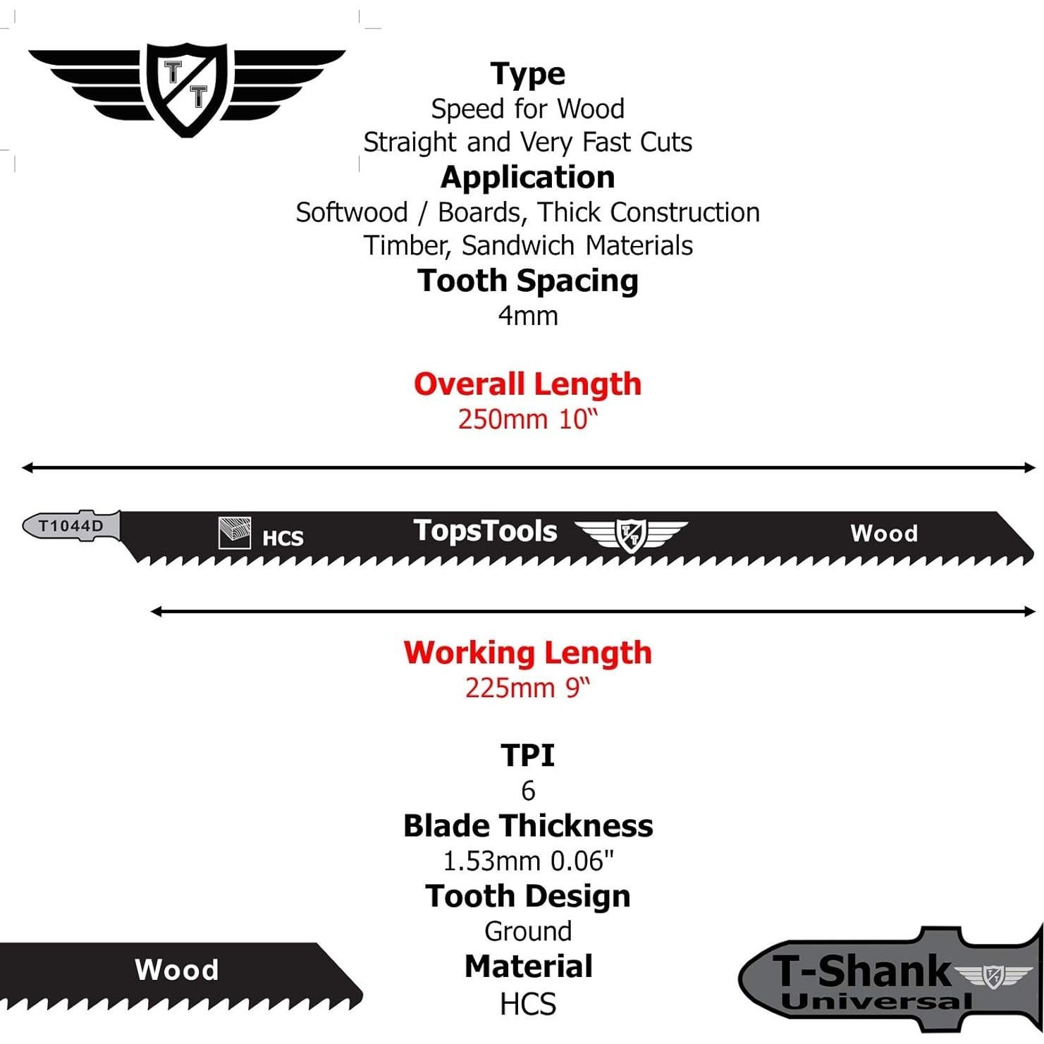 5 Cuchillas de Sierra de Calar TopsTools T1044D 250mm Madera