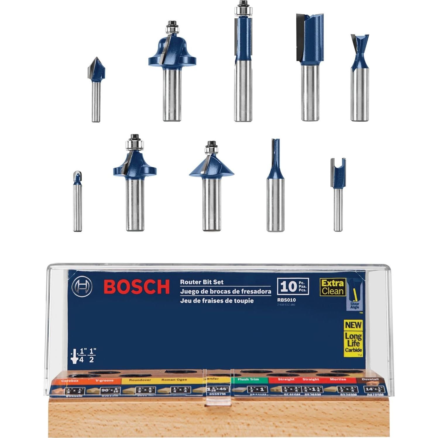 Juego de 10 Brocas de Router Bosch RBS010 Carburo 12.7mm