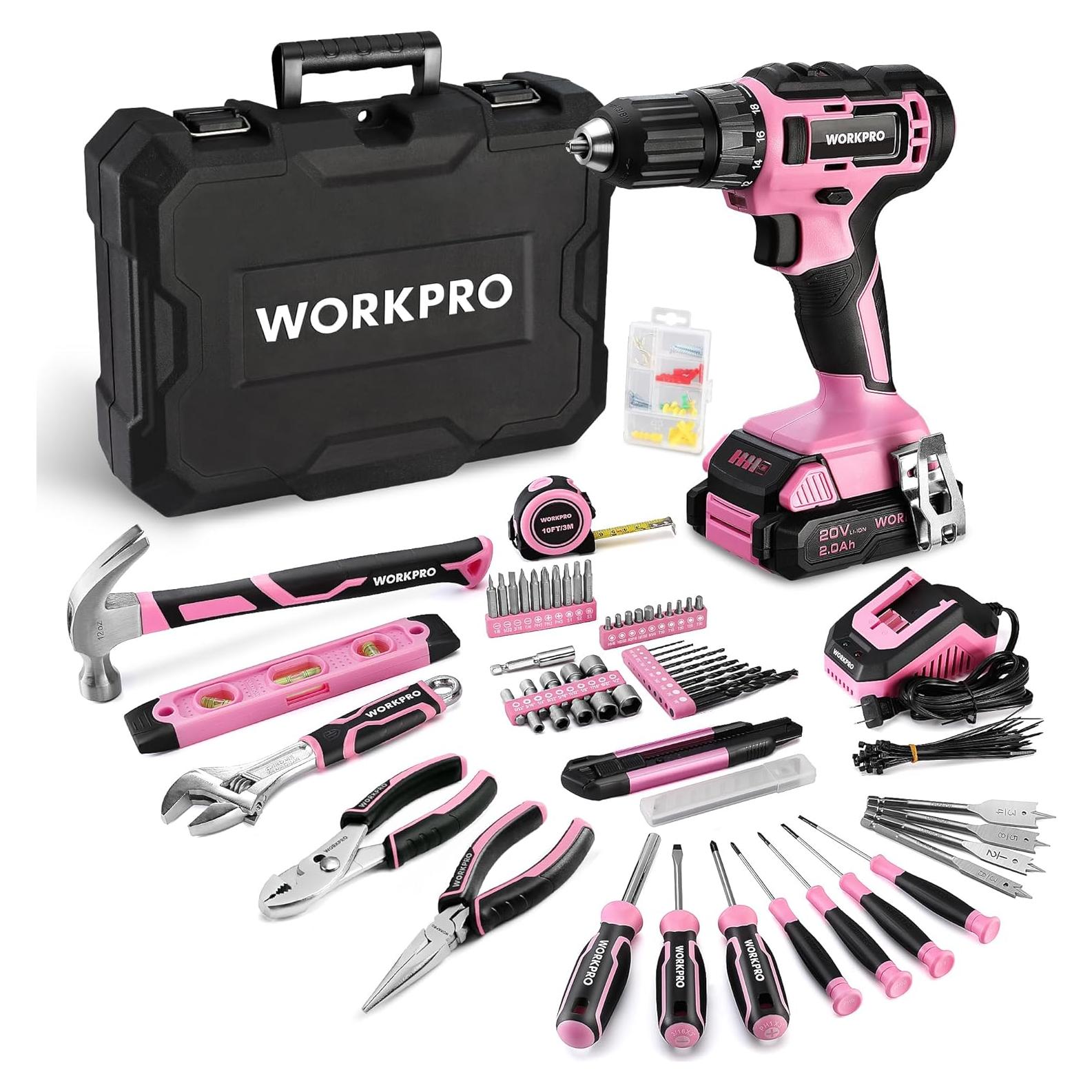Taladro Inalámbrico WORKPRO 20V Rosa + Kit 141PCS Herramientas