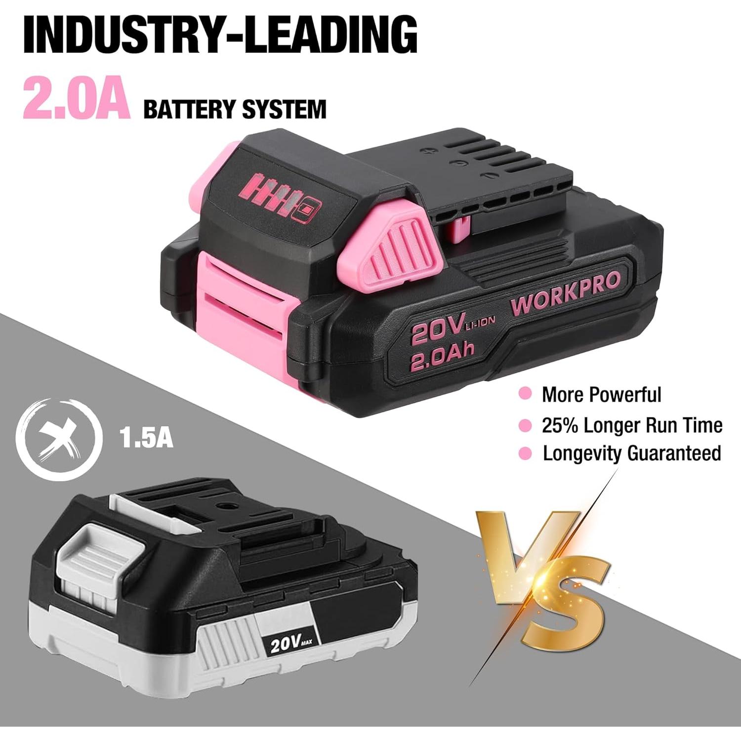 Taladro Inalámbrico WORKPRO 20V Rosa + Kit 141PCS Herramientas