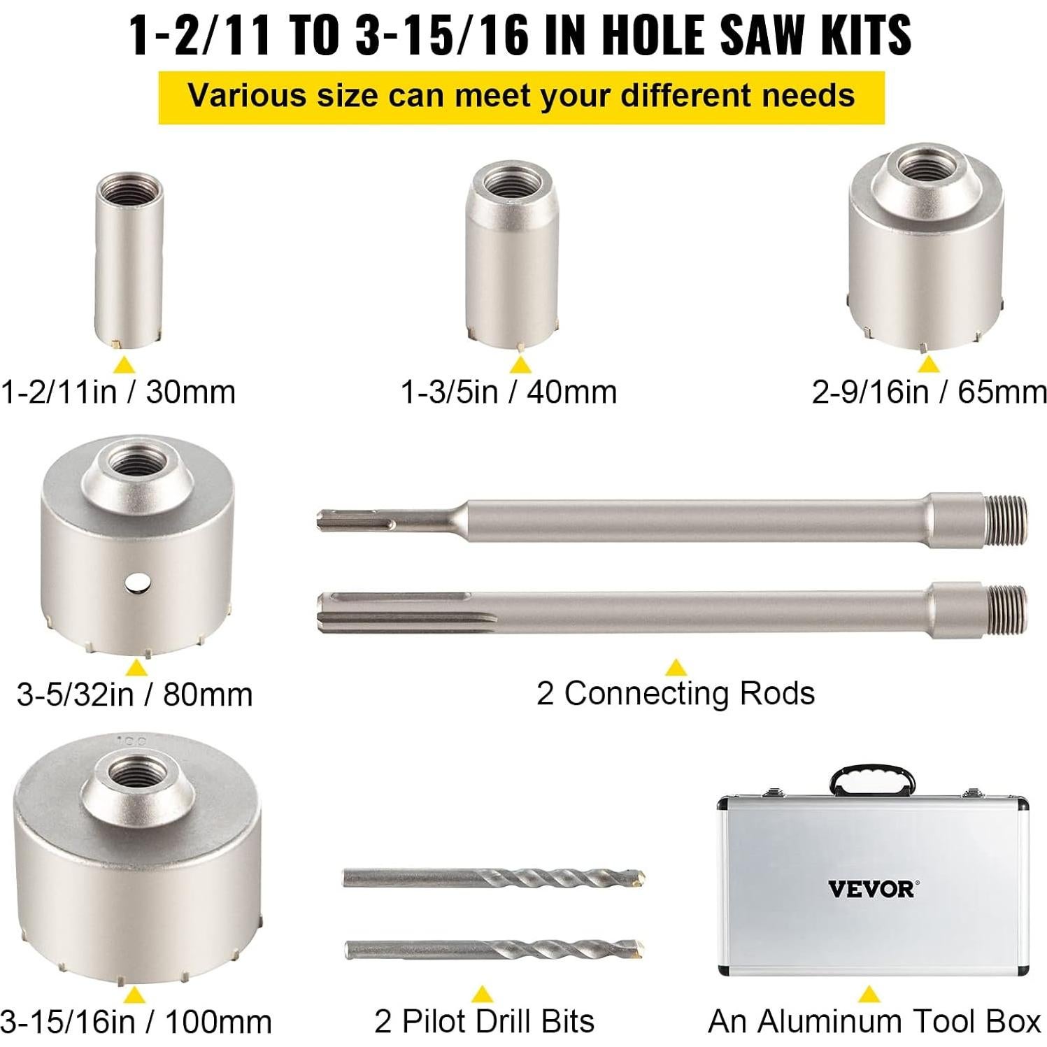 Kit de Sierras de Agujeros VEVOR 30-100 mm con Mango SDS