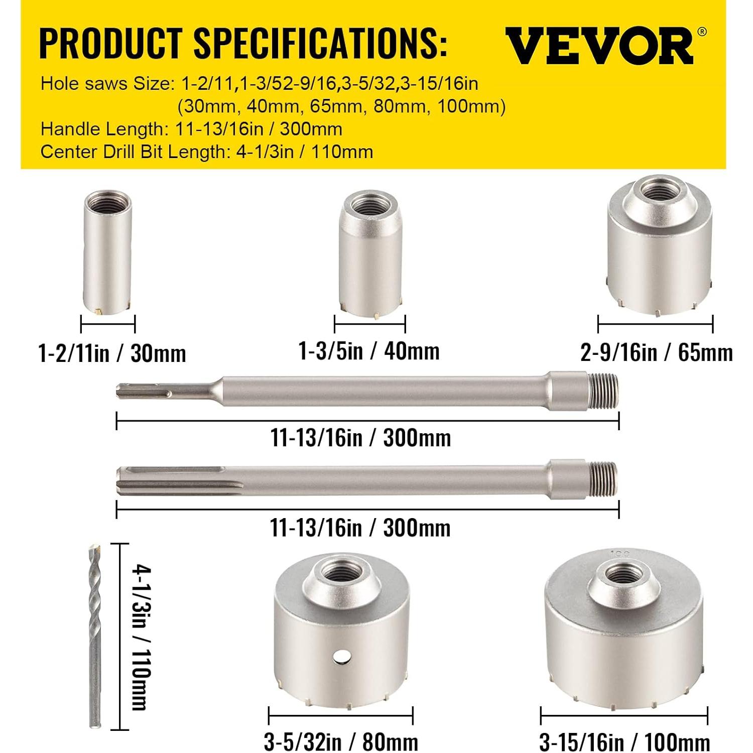 Kit de Sierras de Agujeros VEVOR 30-100 mm con Mango SDS