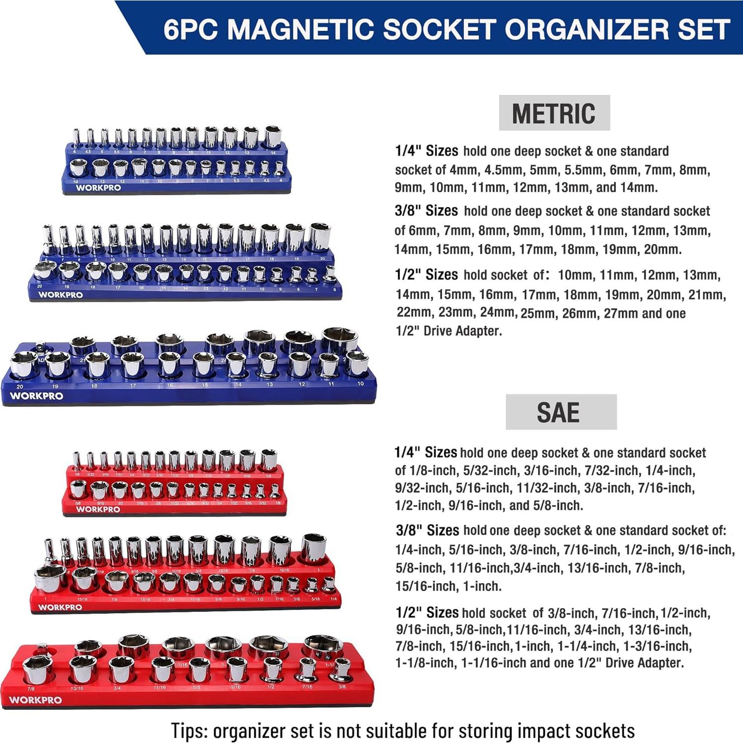 Organizador de Enchufes Magnético WORKPRO 6 Piezas Métricos y SAE