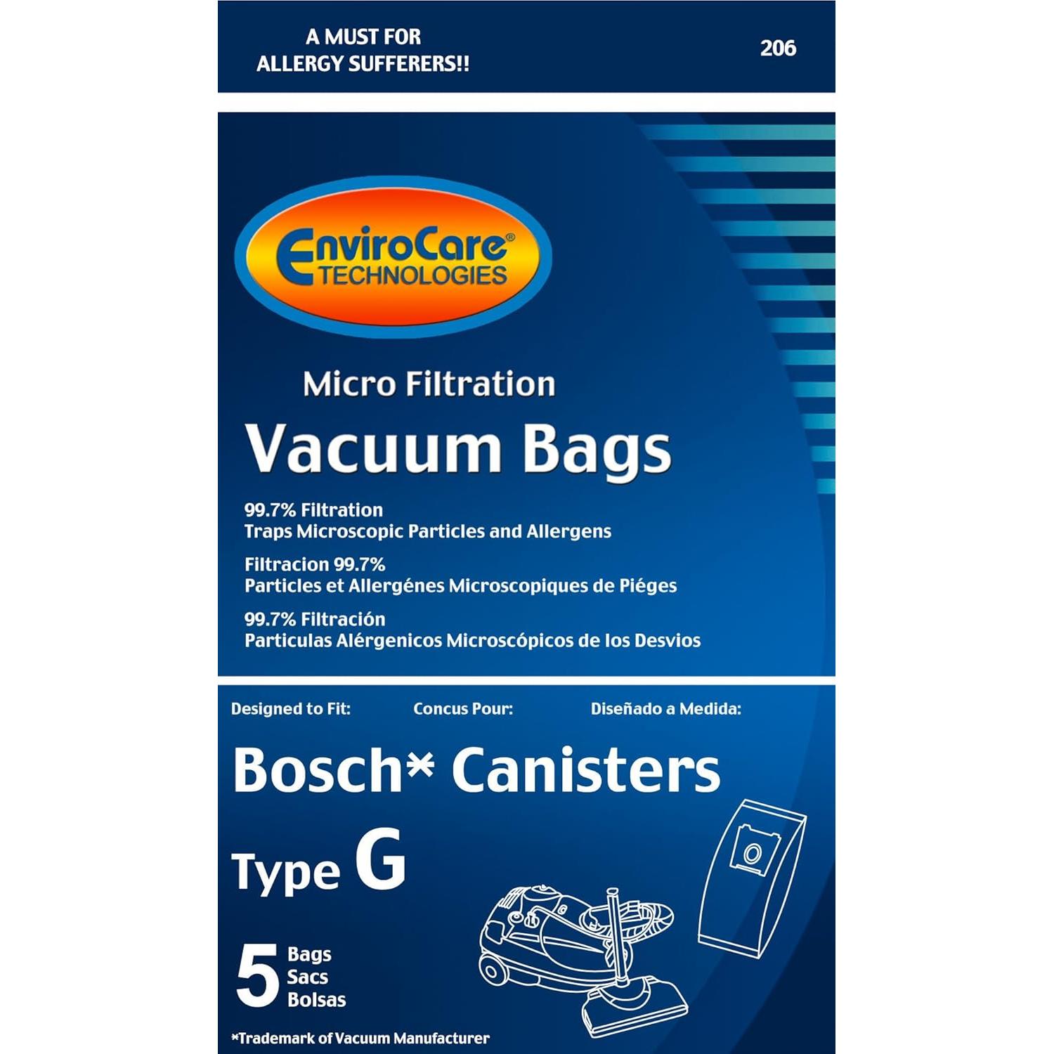 Bolsas de polvo microfiltración EnviroCare para aspiradoras Bosch G - Paquete de 5